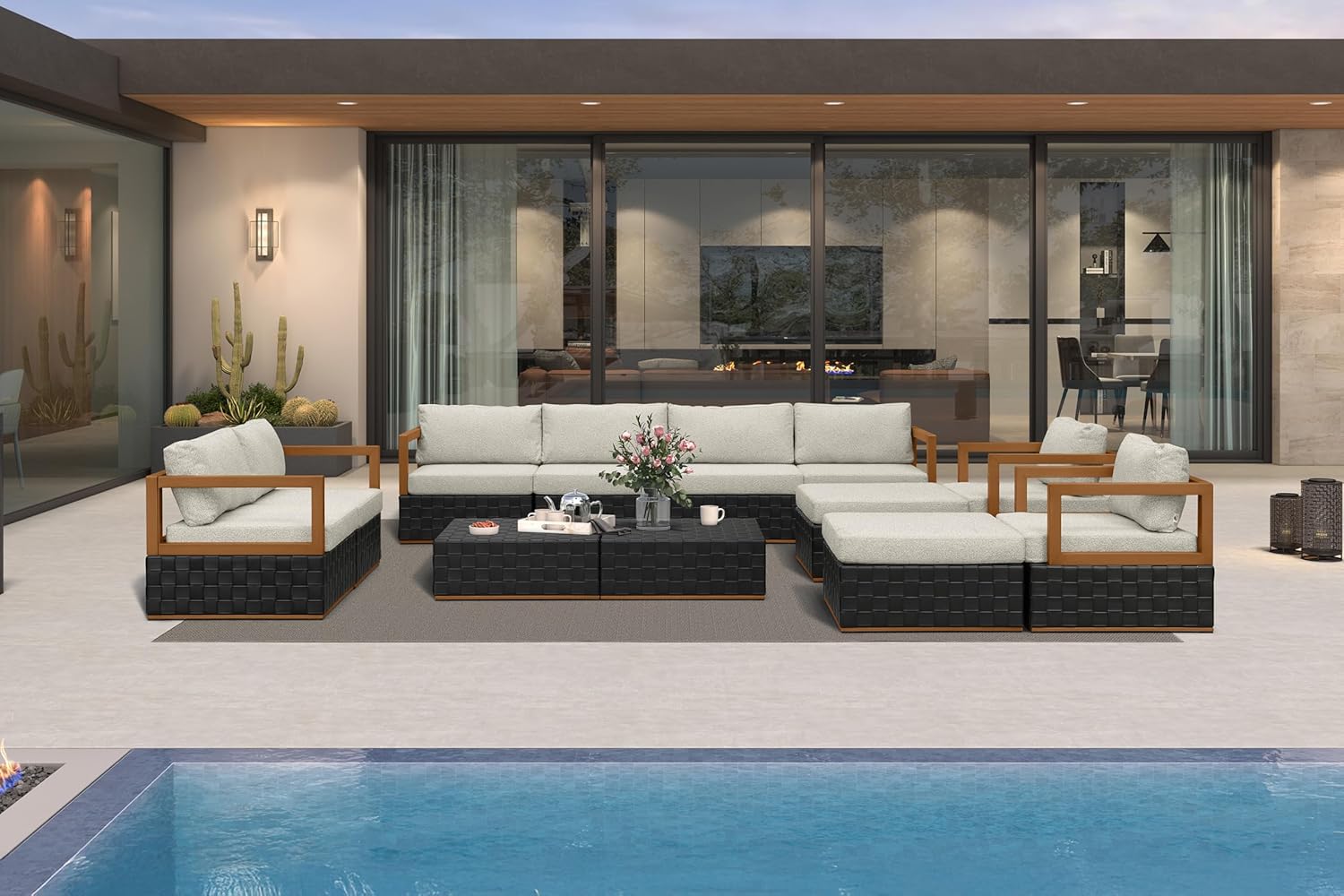 Patio Outdoor Furniture Set 4 Pieces, Premium Leather Outdoor Couch Sectional Sofa, L-Shaped Patio Conversation Sets with Olefin Cushions, Patio Couch for Porch, Balcony, Garden, Black