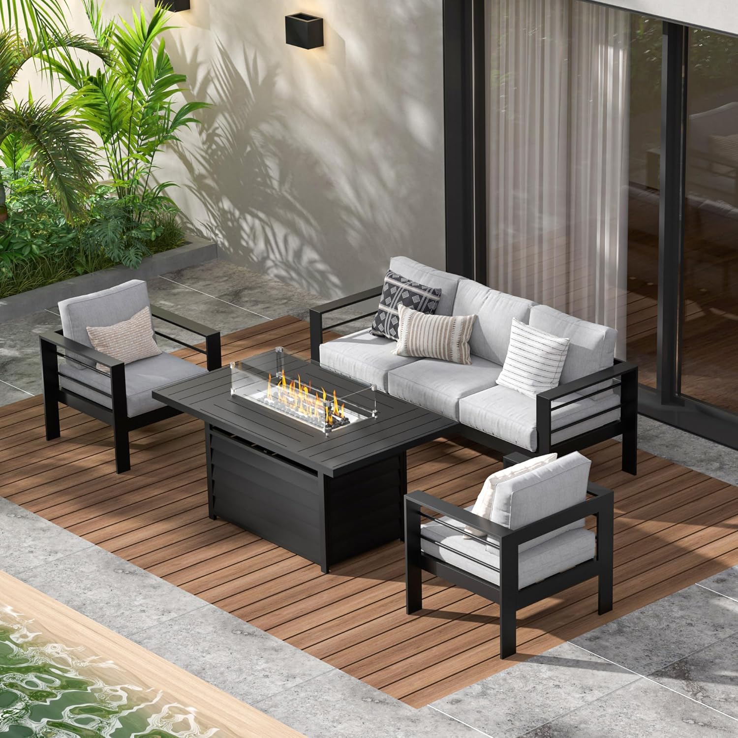 Aluminum Outdoor Patio Furniture Set, Oversized Patio Conversation Sets with Deep Seating and Wide Armrest, Outdoor Sectional Metal Sofa with 5 Inch Cushion and Coffee Table, Dark Grey