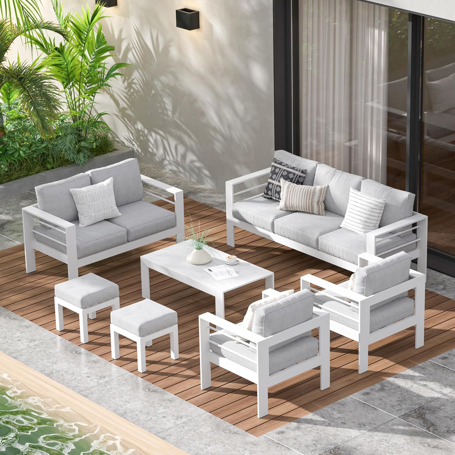 Aluminum Outdoor Patio Furniture Set, Oversized Patio Conversation Sets with Deep Seating and Wide Armrest, Outdoor Sectional Metal Sofa with 5 Inch Cushion and Coffee Table, Dark Grey