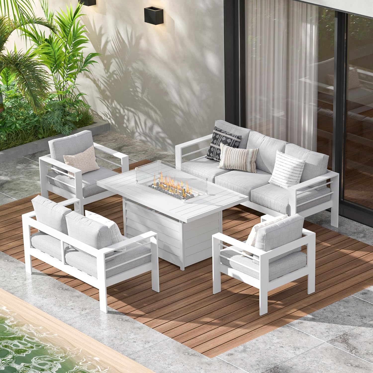Aluminum Outdoor Patio Furniture Set, Oversized Patio Conversation Sets with Deep Seating and Wide Armrest, Outdoor Sectional Metal Sofa with 5 Inch Cushion and Coffee Table, Dark Grey