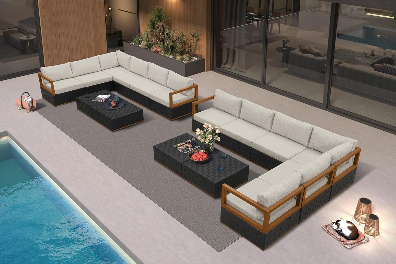 Patio Outdoor Furniture Set 4 Pieces, Premium Leather Outdoor Couch Sectional Sofa, L-Shaped Patio Conversation Sets with Olefin Cushions, Patio Couch for Porch, Balcony, Garden, Black