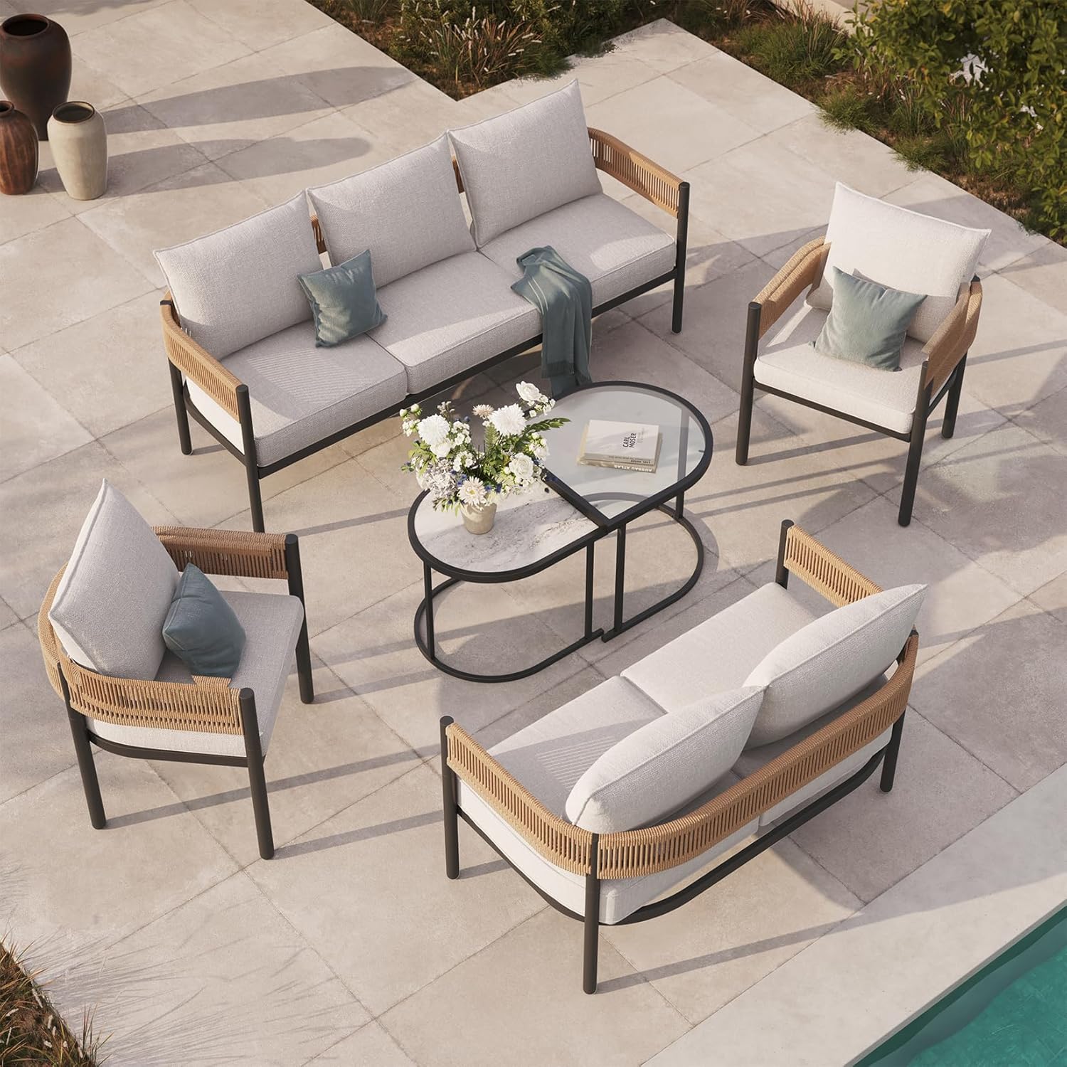 5-Piece Outdoor Furniture Set with Thick Cushions and Coffee Table, Wicker Sofa Conversation Set for Backyard, Natural