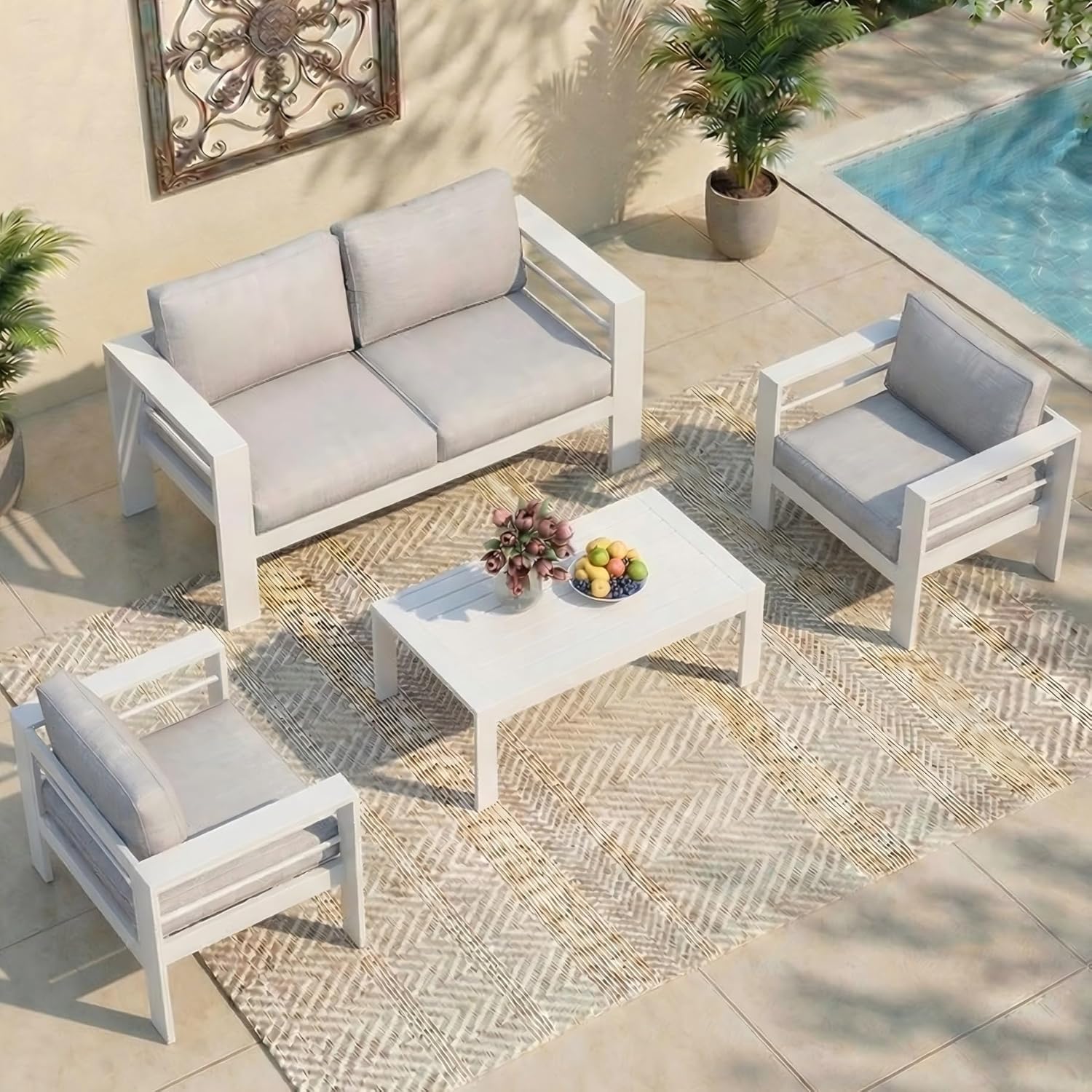 Aluminum Outdoor Patio Furniture Set, Oversized Patio Conversation Sets with Deep Seating and Wide Armrest, Outdoor Sectional Metal Sofa with 5 Inch Cushion and Coffee Table, Dark Grey