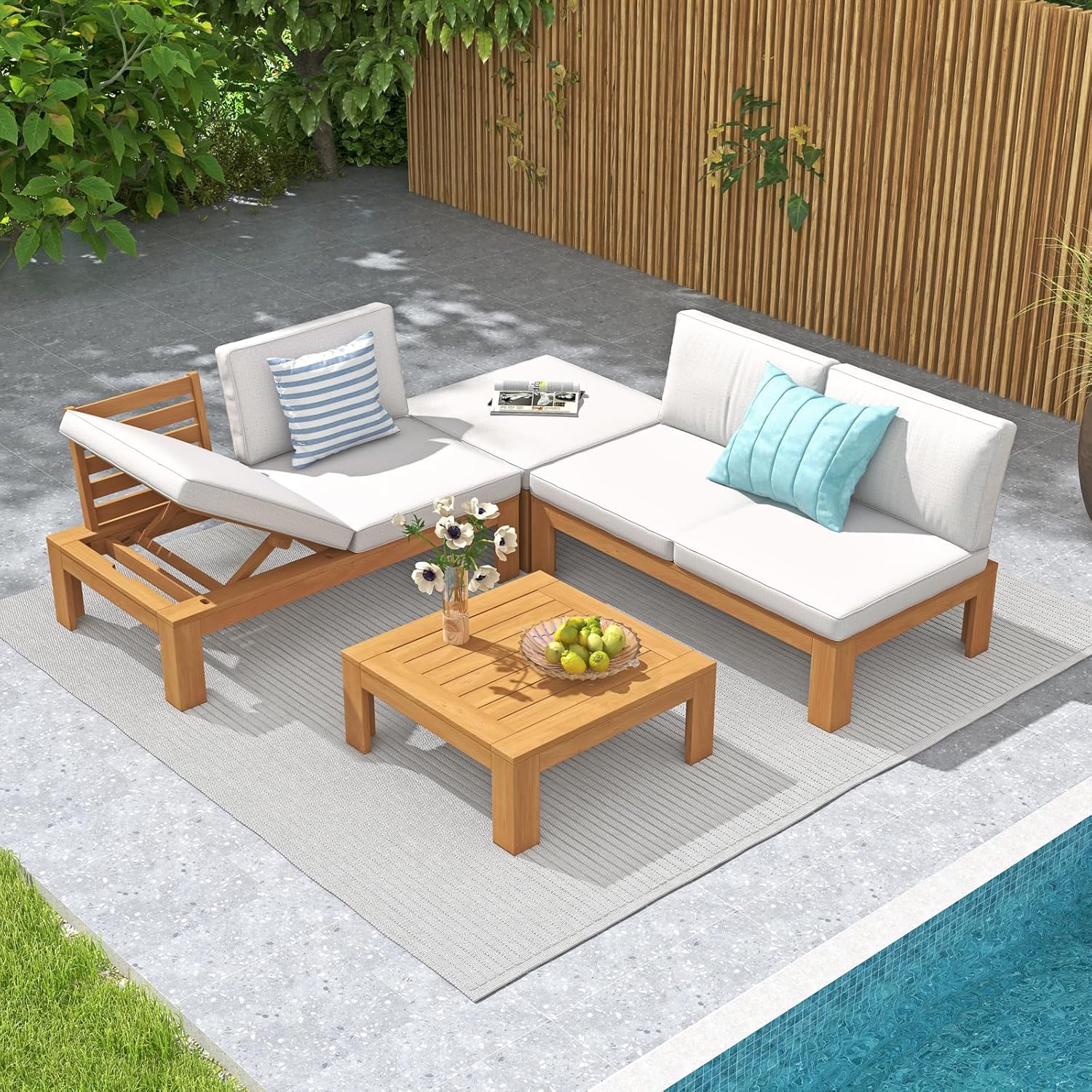 6 Piece Acacia Wood Patio Furniture Outdoor Sectional Sofa Set with Adjustable Armrest, FSC Certified L-Shaped Patio Set w/2-in-1 Coffee Table, Cream White Cushions for Garden