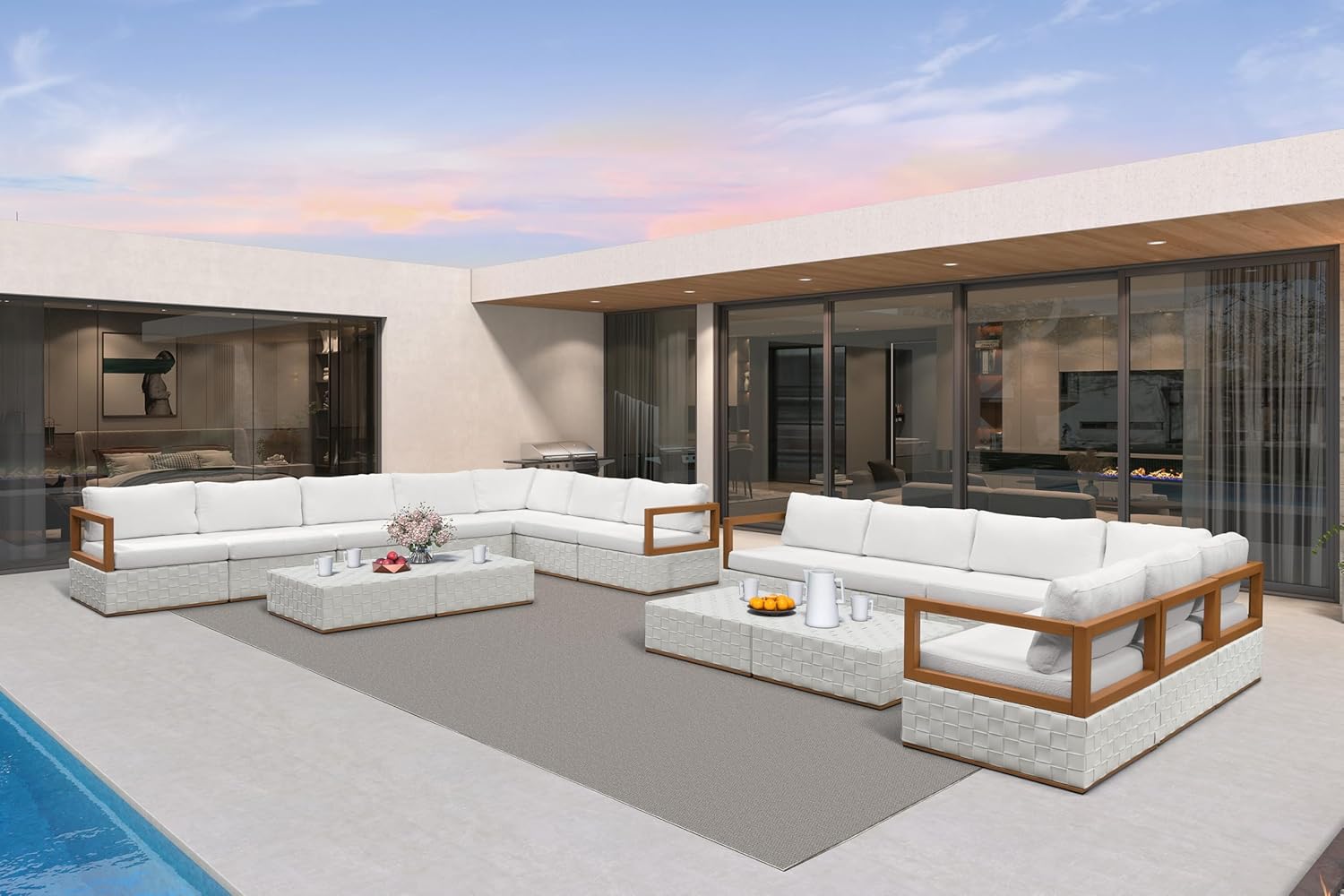 Patio Outdoor Furniture Set 4 Pieces, Premium Leather Outdoor Couch Sectional Sofa, L-Shaped Patio Conversation Sets with Olefin Cushions, Patio Couch for Porch, Balcony, Garden, Black