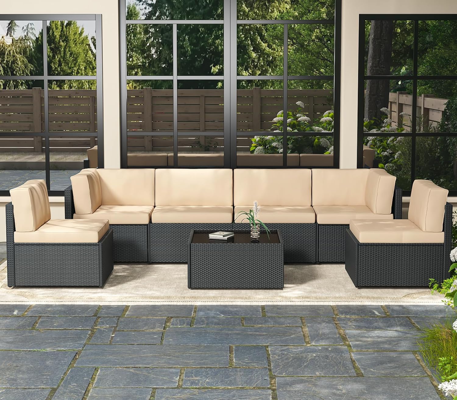 7 Piece Outdoor Patio Furniture Set, Outdoor Sectional Conversation Furniture Chair with Coffee Table, Patio Sectional for Backyard, Garden(Navy Cushions and Black Rattan)