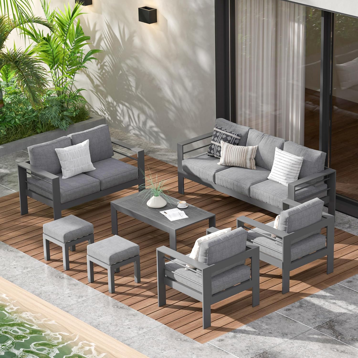 Aluminum Outdoor Patio Furniture Set, Oversized Patio Conversation Sets with Deep Seating and Wide Armrest, Outdoor Sectional Metal Sofa with 5 Inch Cushion and Coffee Table, Dark Grey