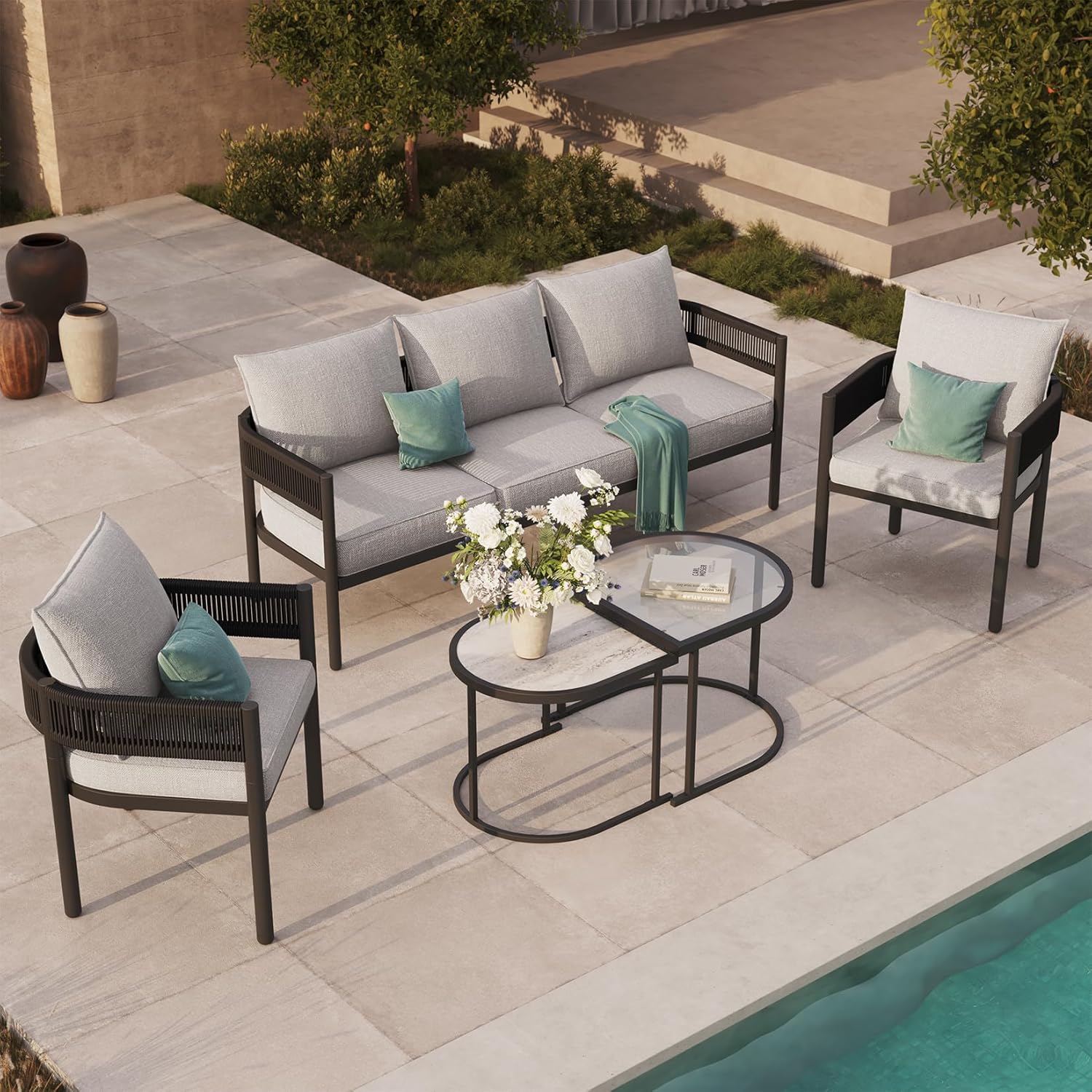 5-Piece Outdoor Furniture Set with Thick Cushions and Coffee Table, Wicker Sofa Conversation Set for Backyard, Natural