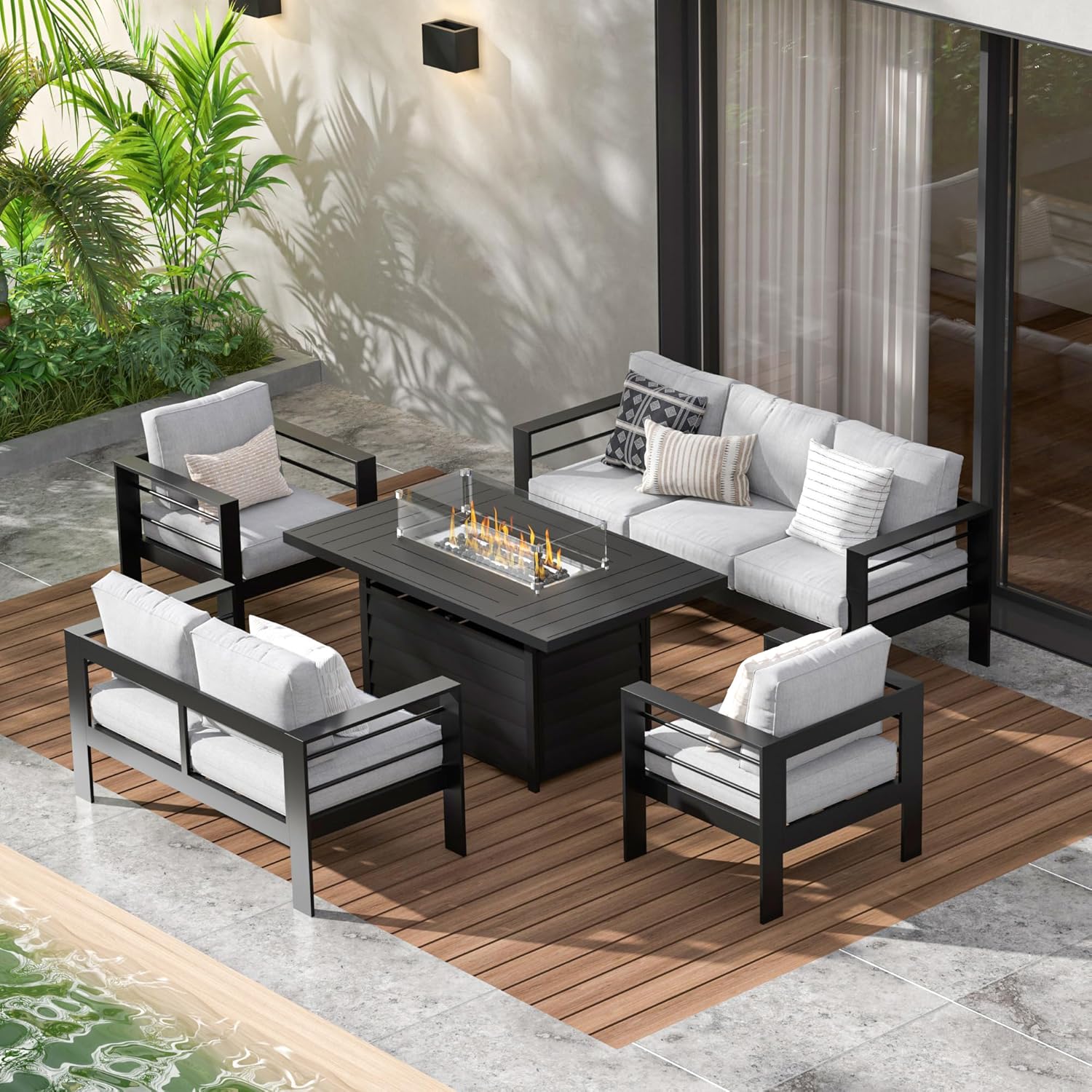 Aluminum Outdoor Patio Furniture Set, Oversized Patio Conversation Sets with Deep Seating and Wide Armrest, Outdoor Sectional Metal Sofa with 5 Inch Cushion and Coffee Table, Dark Grey