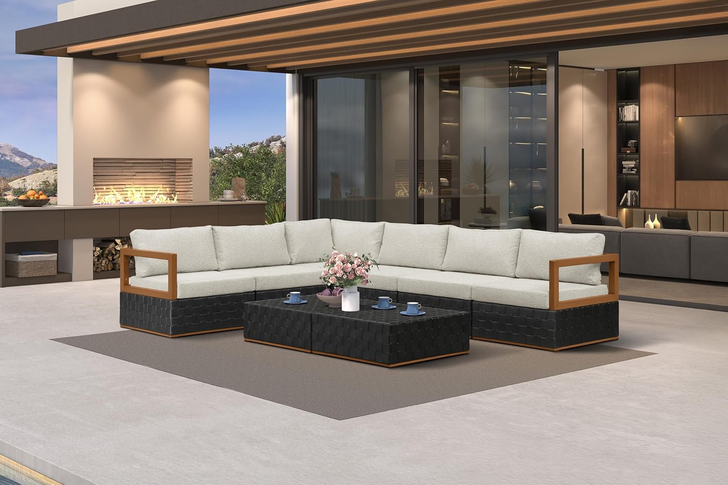 Patio Outdoor Furniture Set 4 Pieces, Premium Leather Outdoor Couch Sectional Sofa, L-Shaped Patio Conversation Sets with Olefin Cushions, Patio Couch for Porch, Balcony, Garden, Black