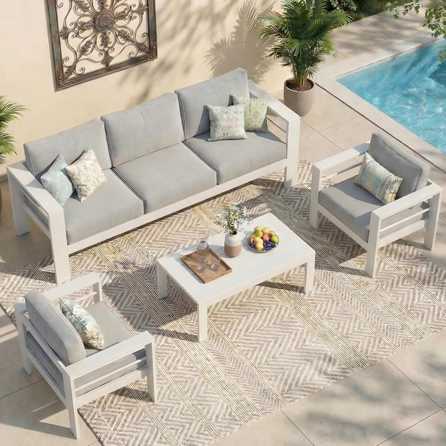 Aluminum Outdoor Patio Furniture Set, Oversized Patio Conversation Sets with Deep Seating and Wide Armrest, Outdoor Sectional Metal Sofa with 5 Inch Cushion and Coffee Table, Dark Grey