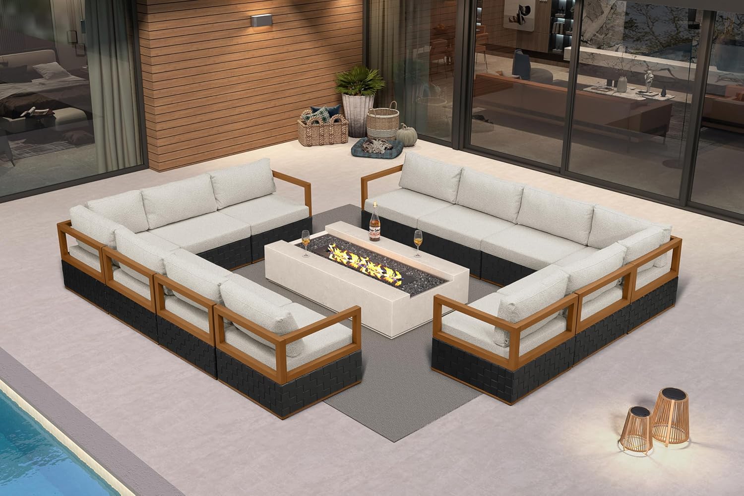 Patio Outdoor Furniture Set 4 Pieces, Premium Leather Outdoor Couch Sectional Sofa, L-Shaped Patio Conversation Sets with Olefin Cushions, Patio Couch for Porch, Balcony, Garden, Black