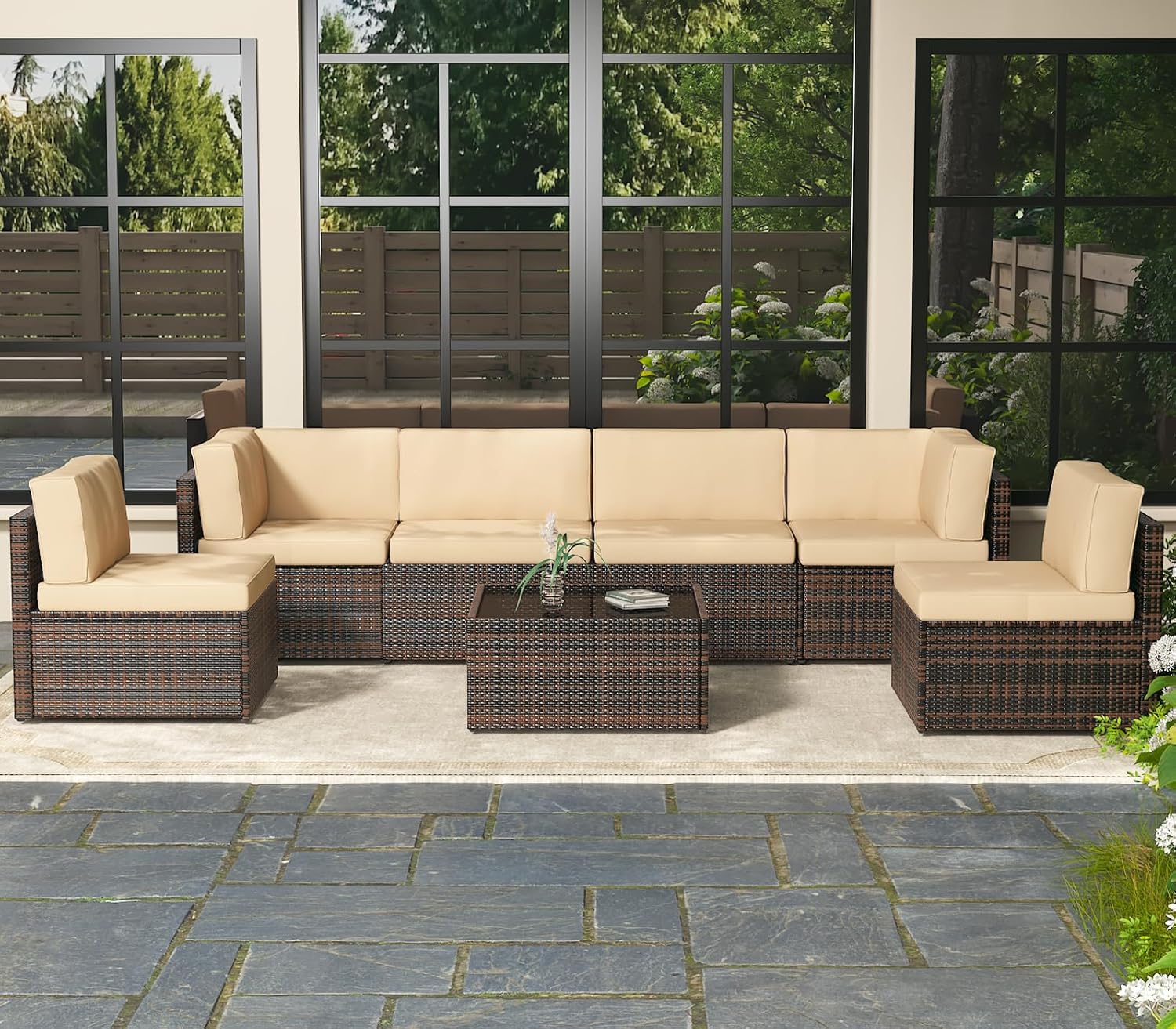 7 Piece Outdoor Patio Furniture Set, Outdoor Sectional Conversation Furniture Chair with Coffee Table, Patio Sectional for Backyard, Garden(Navy Cushions and Black Rattan)