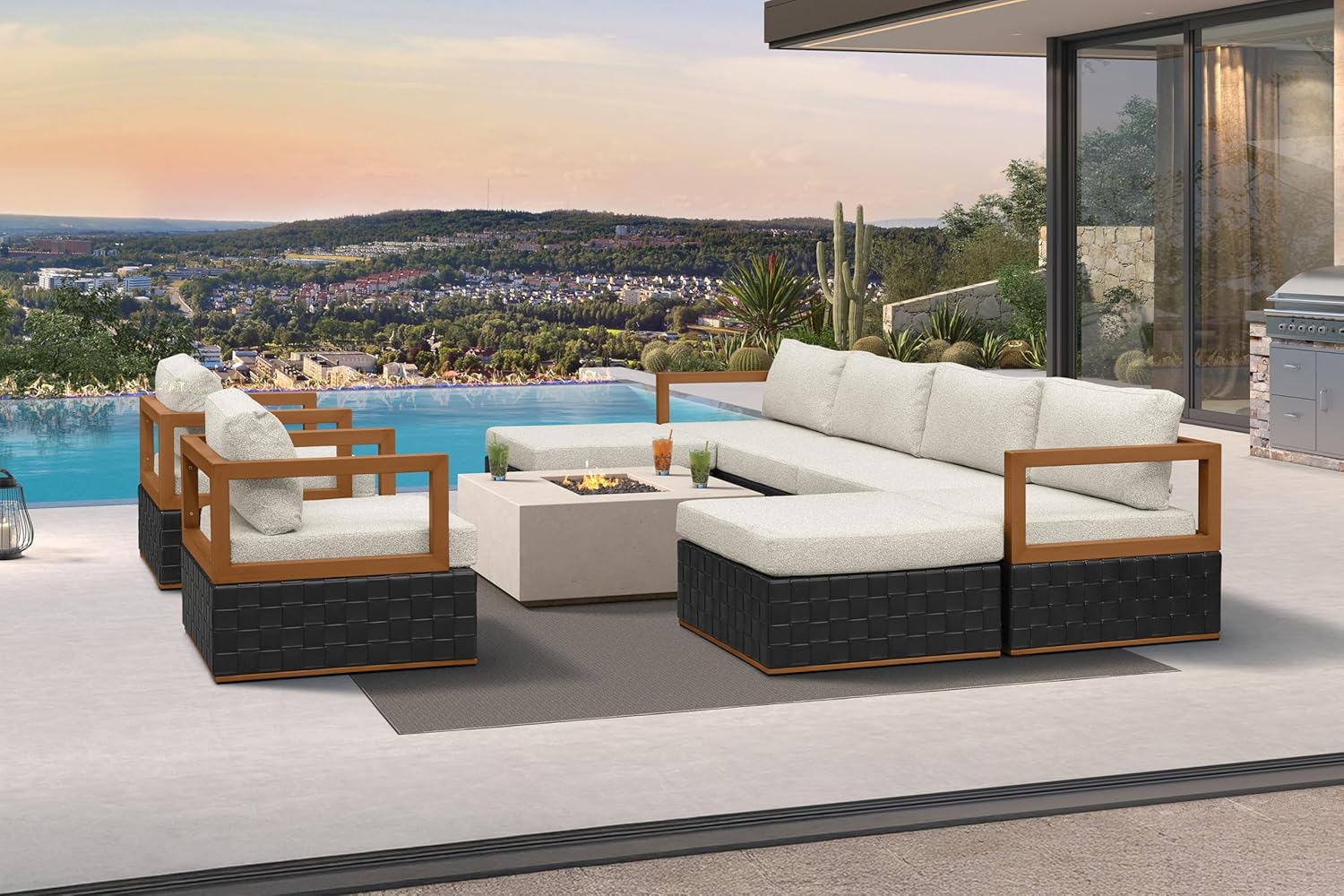 Patio Outdoor Furniture Set 4 Pieces, Premium Leather Outdoor Couch Sectional Sofa, L-Shaped Patio Conversation Sets with Olefin Cushions, Patio Couch for Porch, Balcony, Garden, Black