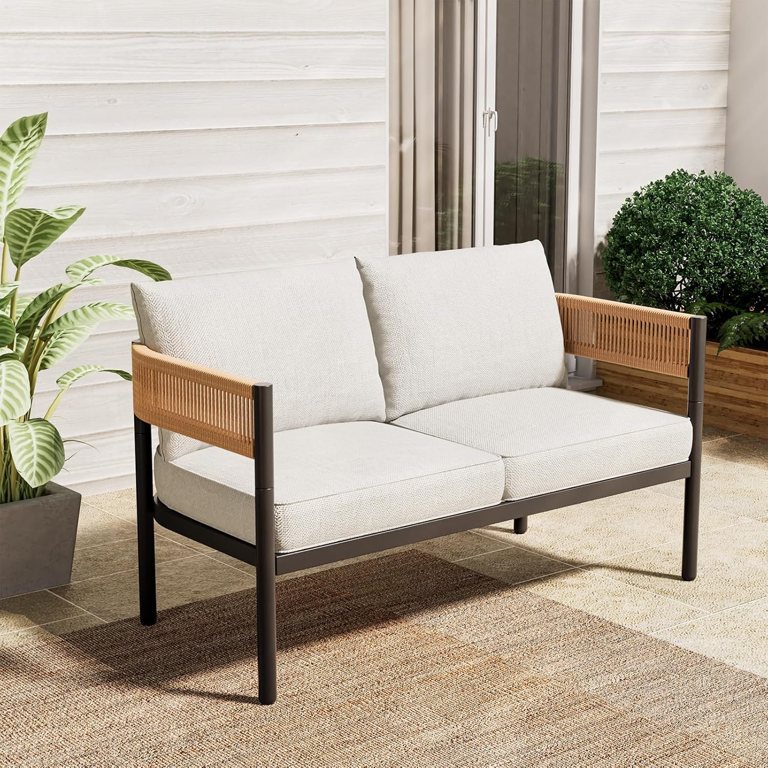 5-Piece Outdoor Furniture Set with Thick Cushions and Coffee Table, Wicker Sofa Conversation Set for Backyard, Natural