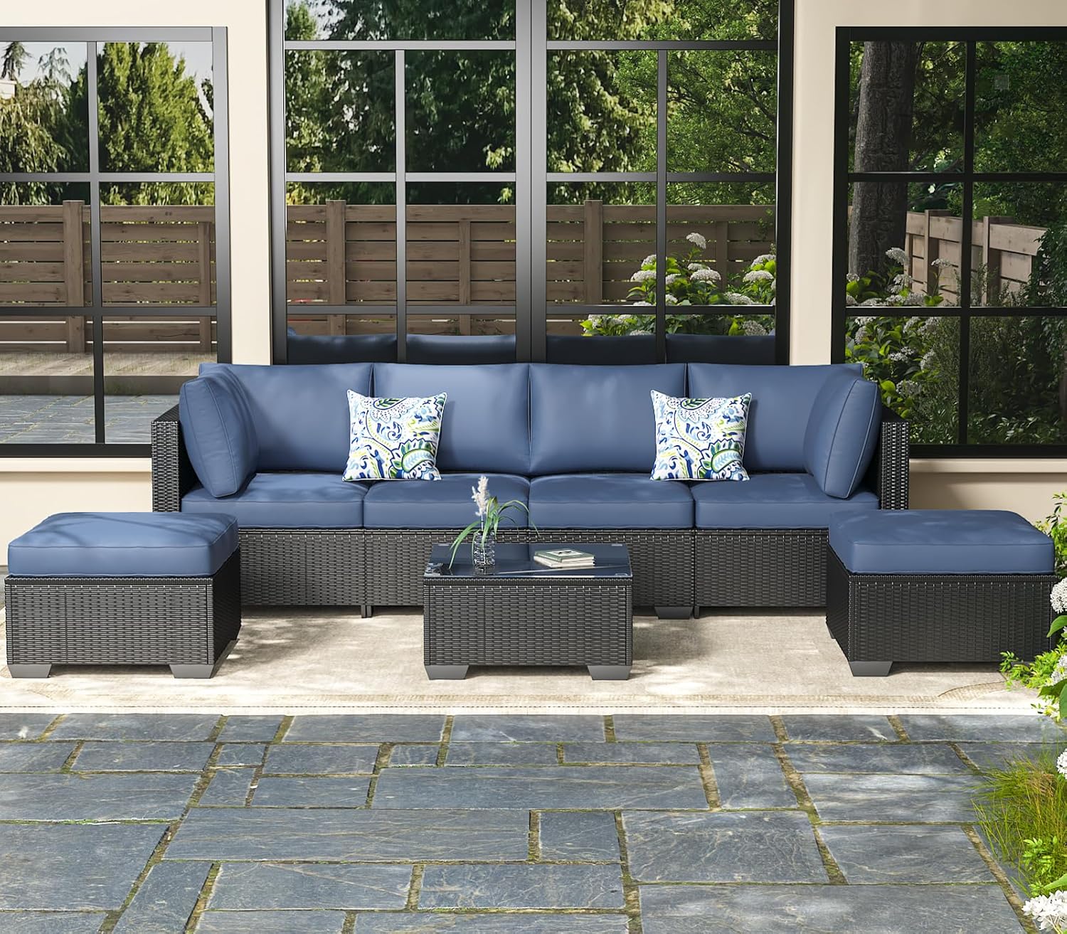7 Piece Outdoor Patio Furniture Set, Outdoor Sectional Conversation Furniture Chair with Coffee Table, Patio Sectional for Backyard, Garden(Navy Cushions and Black Rattan)