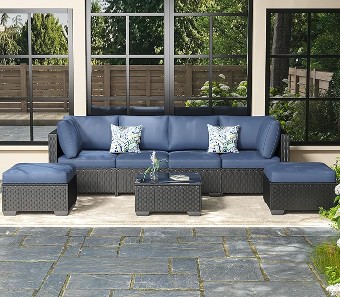 7 Piece Outdoor Patio Furniture Set, Outdoor Sectional Conversation Furniture Chair with Coffee Table, Patio Sectional for Backyard, Garden(Navy Cushions and Black Rattan)