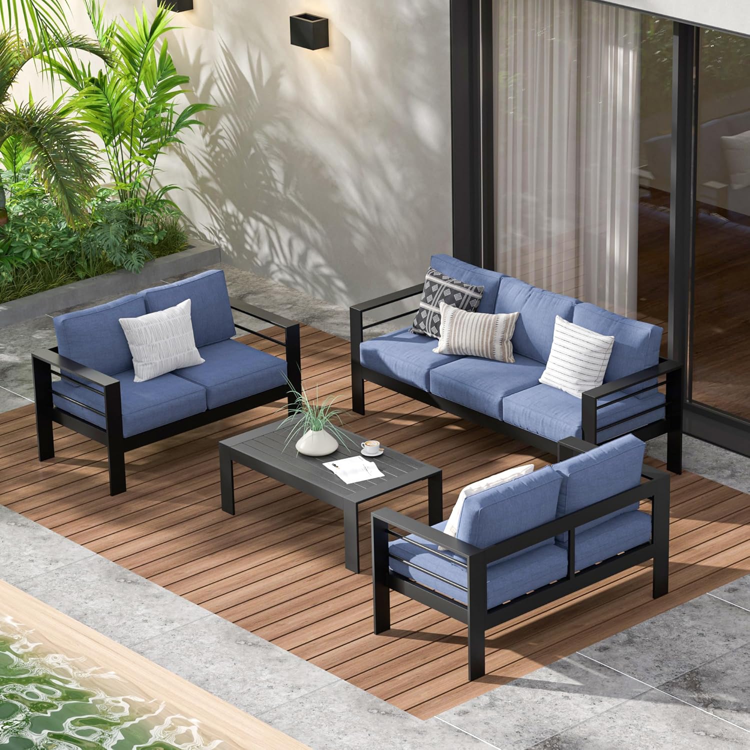 Aluminum Outdoor Patio Furniture Set, Oversized Patio Conversation Sets with Deep Seating and Wide Armrest, Outdoor Sectional Metal Sofa with 5 Inch Cushion and Coffee Table, Dark Grey