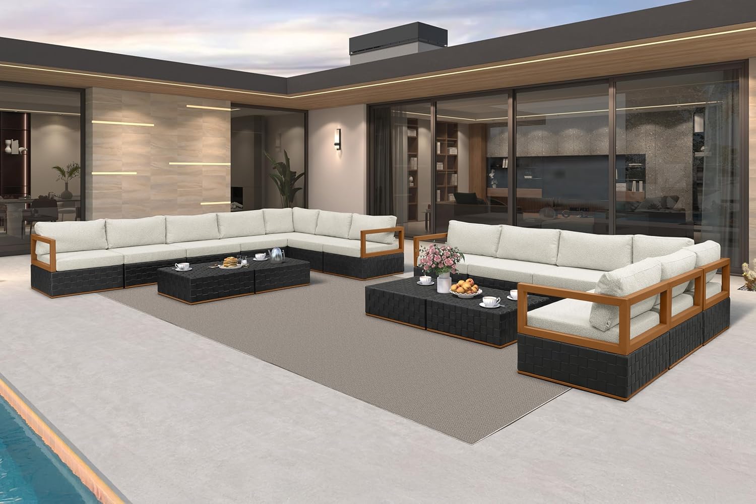 Patio Outdoor Furniture Set 4 Pieces, Premium Leather Outdoor Couch Sectional Sofa, L-Shaped Patio Conversation Sets with Olefin Cushions, Patio Couch for Porch, Balcony, Garden, Black