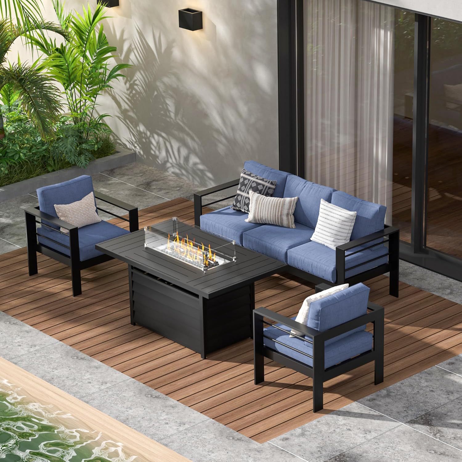 Aluminum Outdoor Patio Furniture Set, Oversized Patio Conversation Sets with Deep Seating and Wide Armrest, Outdoor Sectional Metal Sofa with 5 Inch Cushion and Coffee Table, Dark Grey