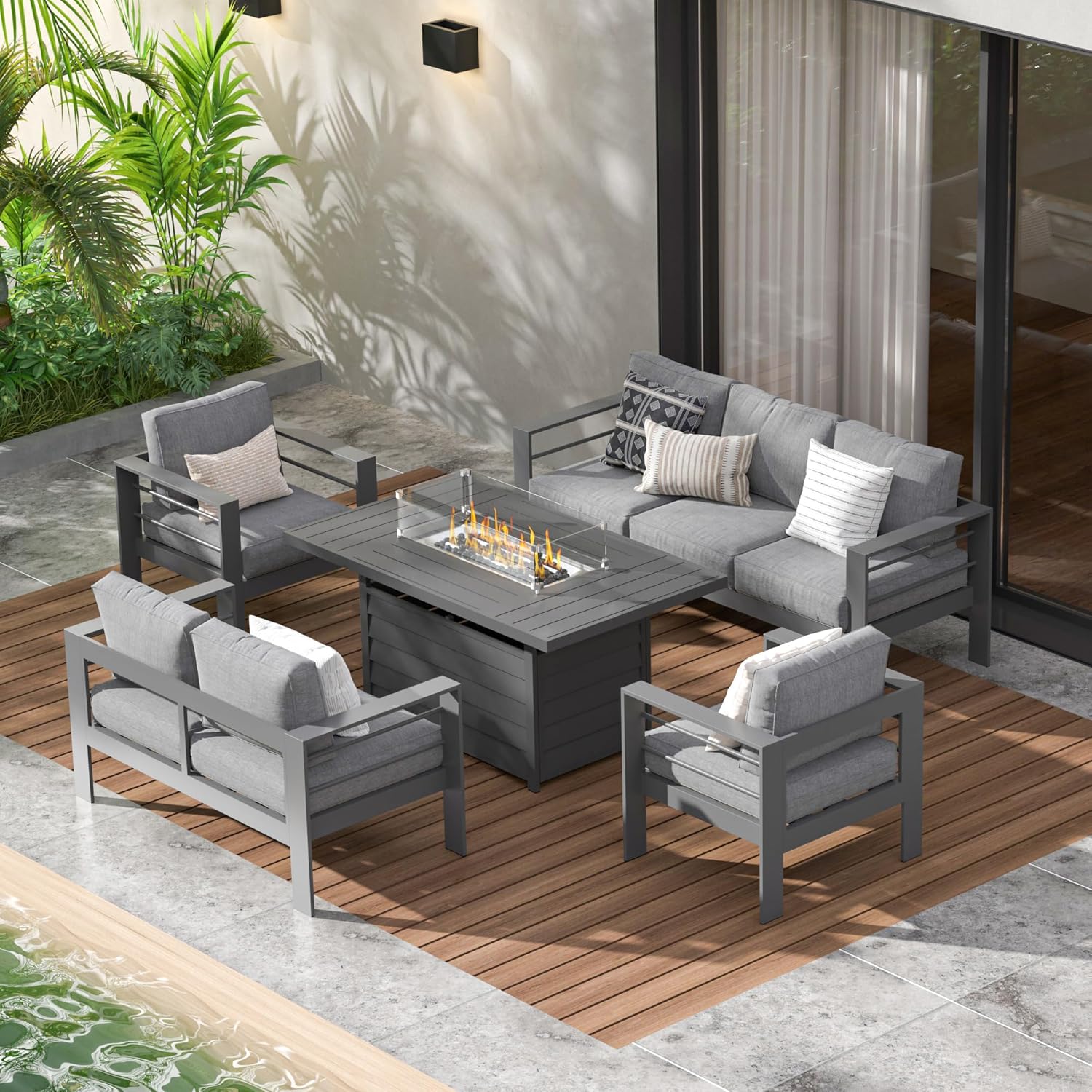 Aluminum Outdoor Patio Furniture Set, Oversized Patio Conversation Sets with Deep Seating and Wide Armrest, Outdoor Sectional Metal Sofa with 5 Inch Cushion and Coffee Table, Dark Grey