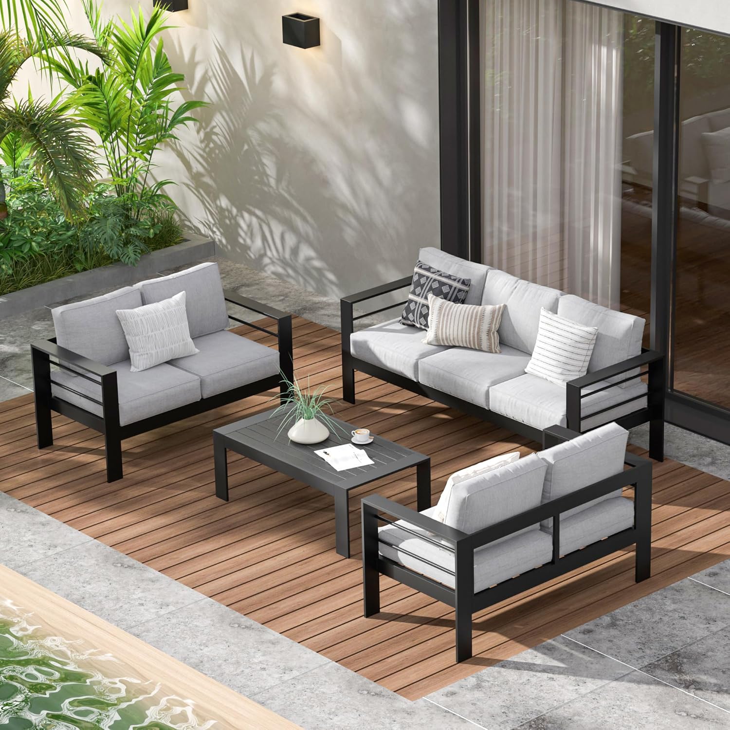 Aluminum Outdoor Patio Furniture Set, Oversized Patio Conversation Sets with Deep Seating and Wide Armrest, Outdoor Sectional Metal Sofa with 5 Inch Cushion and Coffee Table, Dark Grey
