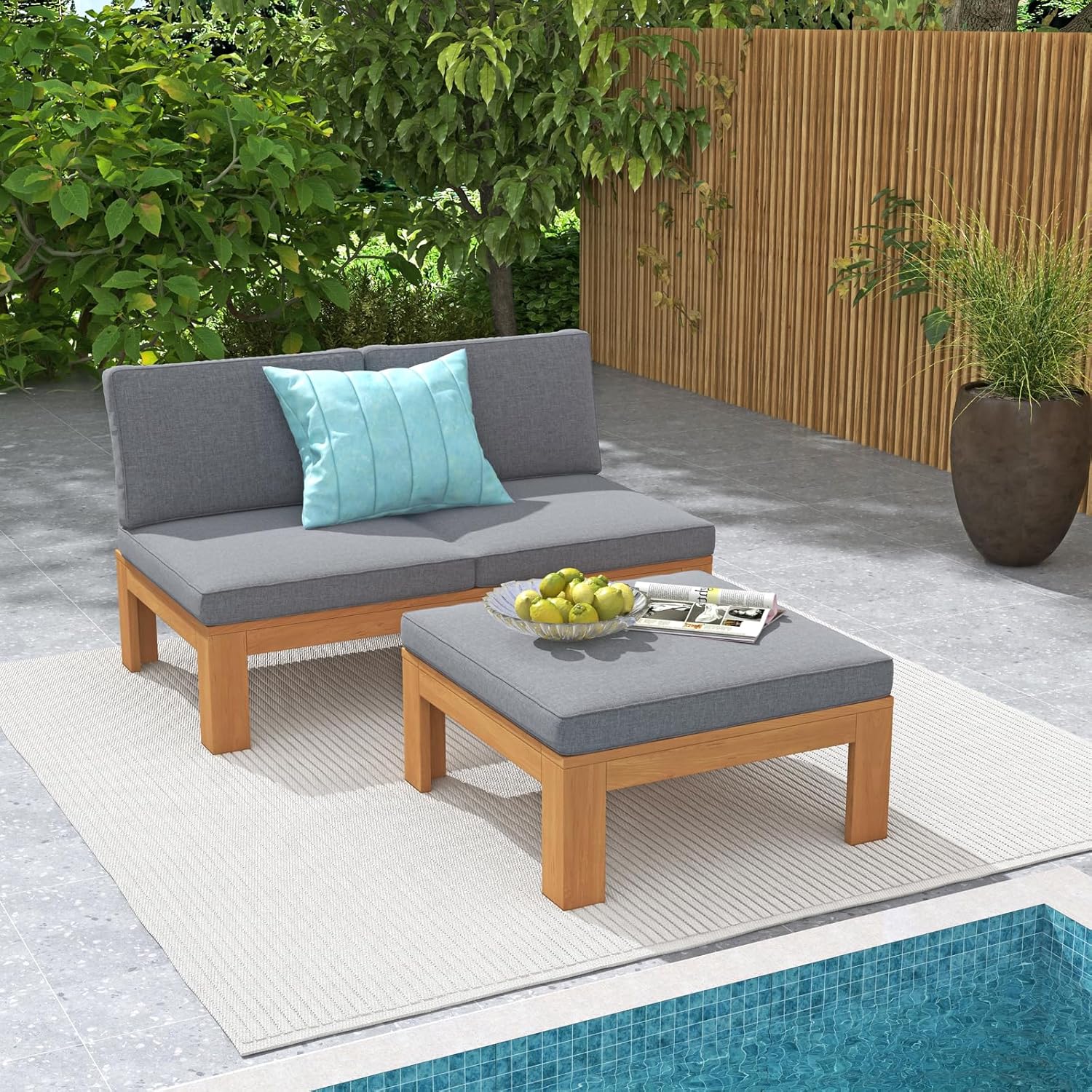 6 Piece Acacia Wood Patio Furniture Outdoor Sectional Sofa Set with Adjustable Armrest, FSC Certified L-Shaped Patio Set w/2-in-1 Coffee Table, Cream White Cushions for Garden