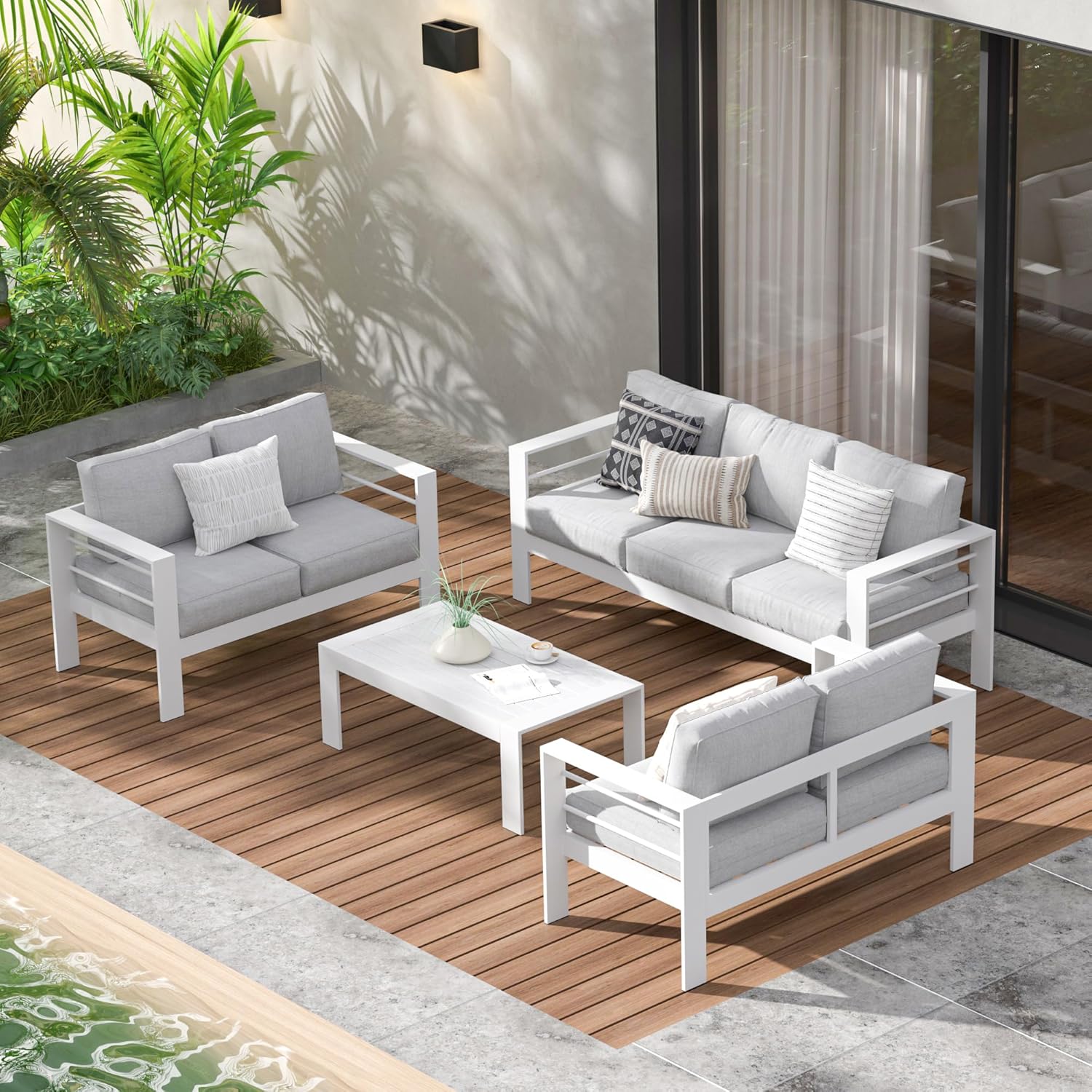 Aluminum Outdoor Patio Furniture Set, Oversized Patio Conversation Sets with Deep Seating and Wide Armrest, Outdoor Sectional Metal Sofa with 5 Inch Cushion and Coffee Table, Dark Grey