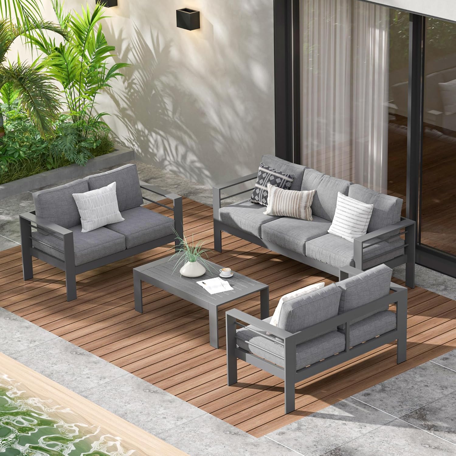 Aluminum Outdoor Patio Furniture Set, Oversized Patio Conversation Sets with Deep Seating and Wide Armrest, Outdoor Sectional Metal Sofa with 5 Inch Cushion and Coffee Table, Dark Grey
