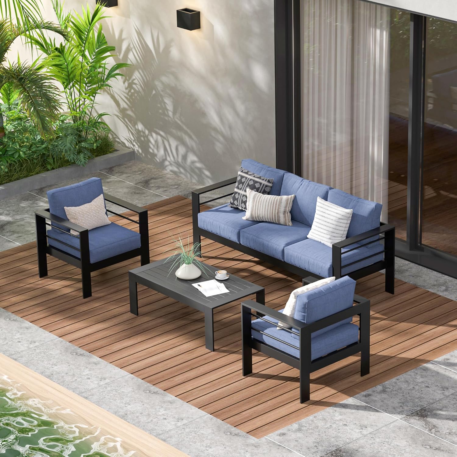 Aluminum Outdoor Patio Furniture Set, Oversized Patio Conversation Sets with Deep Seating and Wide Armrest, Outdoor Sectional Metal Sofa with 5 Inch Cushion and Coffee Table, Dark Grey