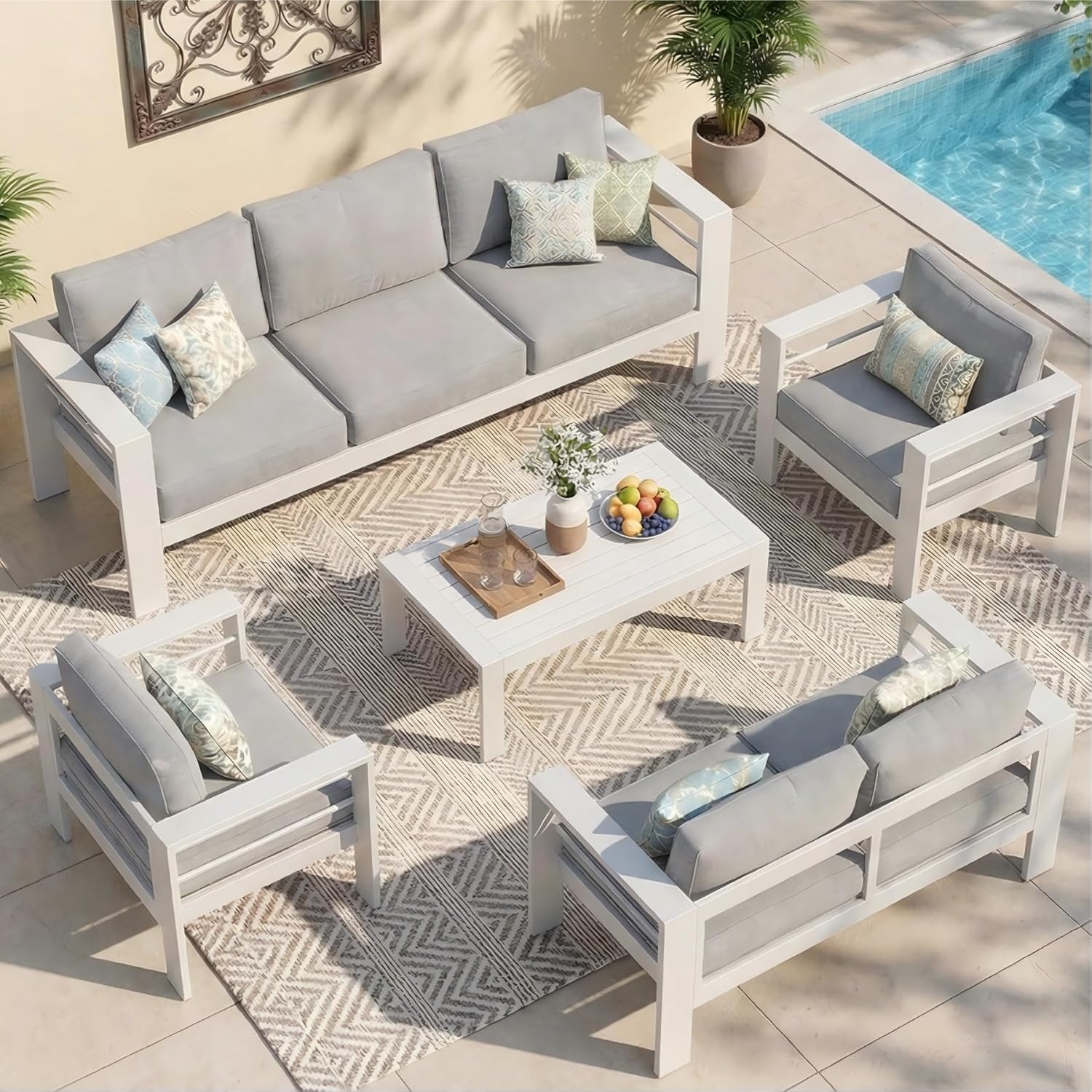 Aluminum Outdoor Patio Furniture Set, Oversized Patio Conversation Sets with Deep Seating and Wide Armrest, Outdoor Sectional Metal Sofa with 5 Inch Cushion and Coffee Table, Dark Grey