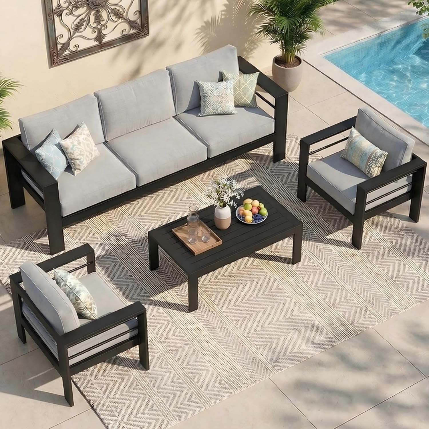Aluminum Outdoor Patio Furniture Set, Oversized Patio Conversation Sets with Deep Seating and Wide Armrest, Outdoor Sectional Metal Sofa with 5 Inch Cushion and Coffee Table, Dark Grey