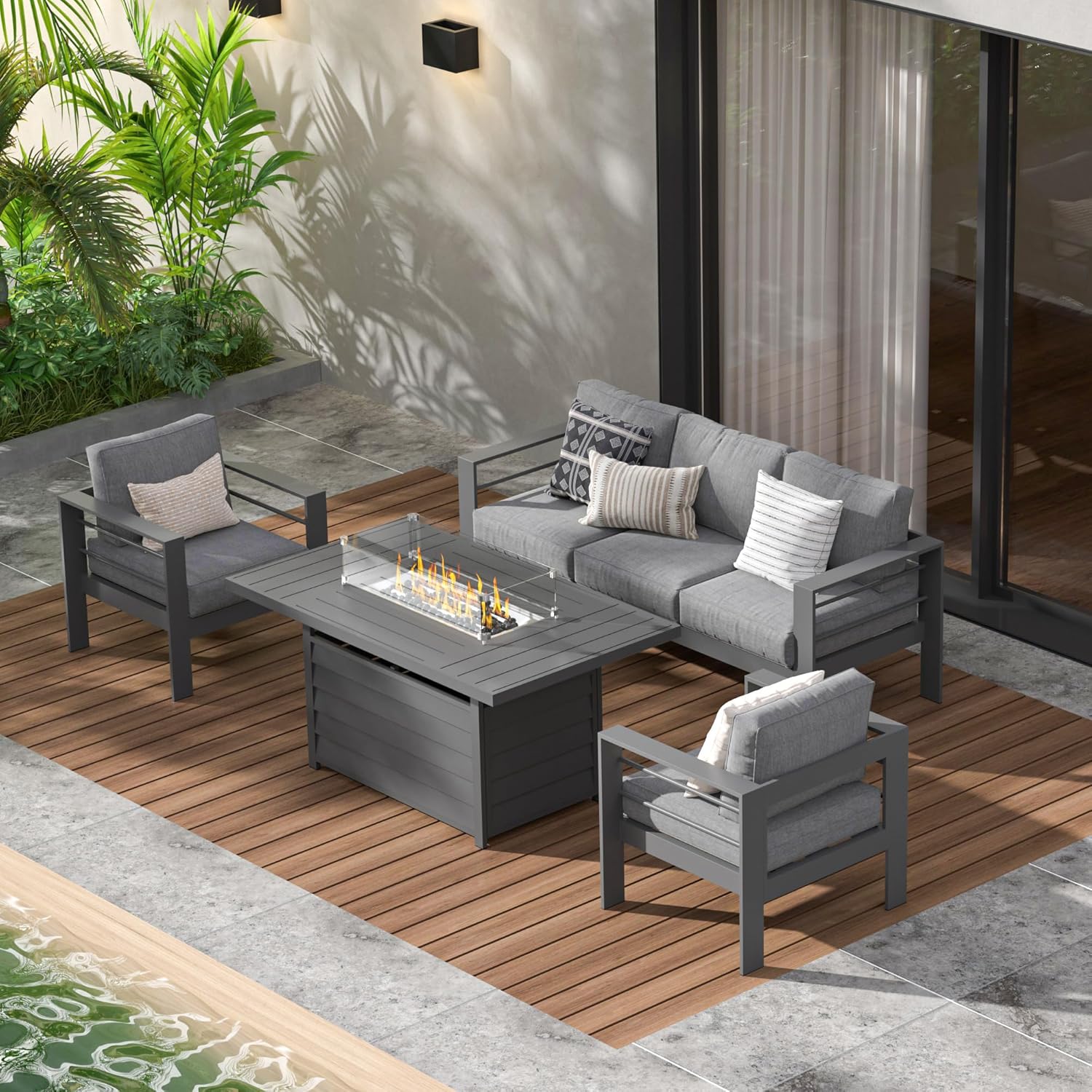 Aluminum Outdoor Patio Furniture Set, Oversized Patio Conversation Sets with Deep Seating and Wide Armrest, Outdoor Sectional Metal Sofa with 5 Inch Cushion and Coffee Table, Dark Grey
