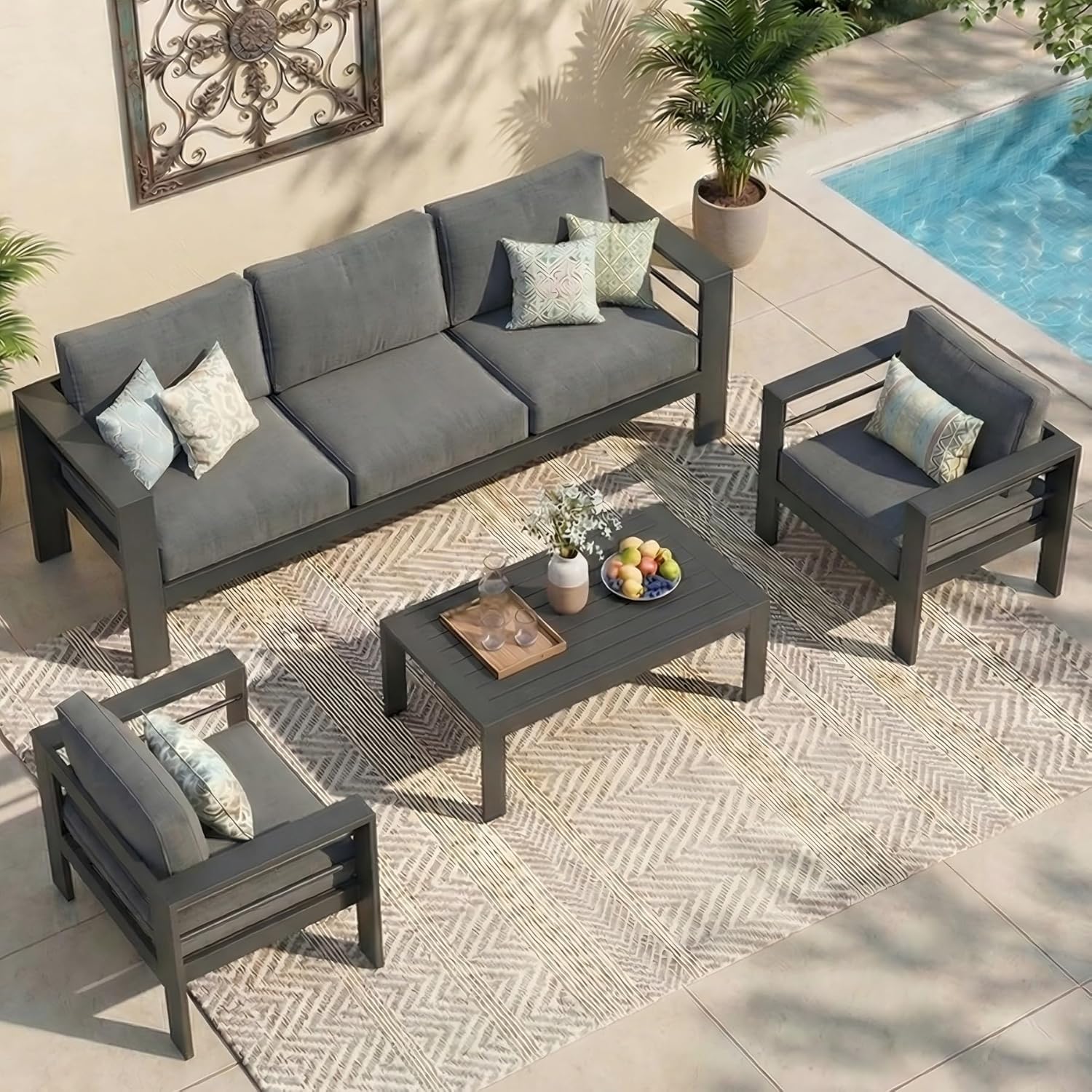 Aluminum Outdoor Patio Furniture Set, Oversized Patio Conversation Sets with Deep Seating and Wide Armrest, Outdoor Sectional Metal Sofa with 5 Inch Cushion and Coffee Table, Dark Grey