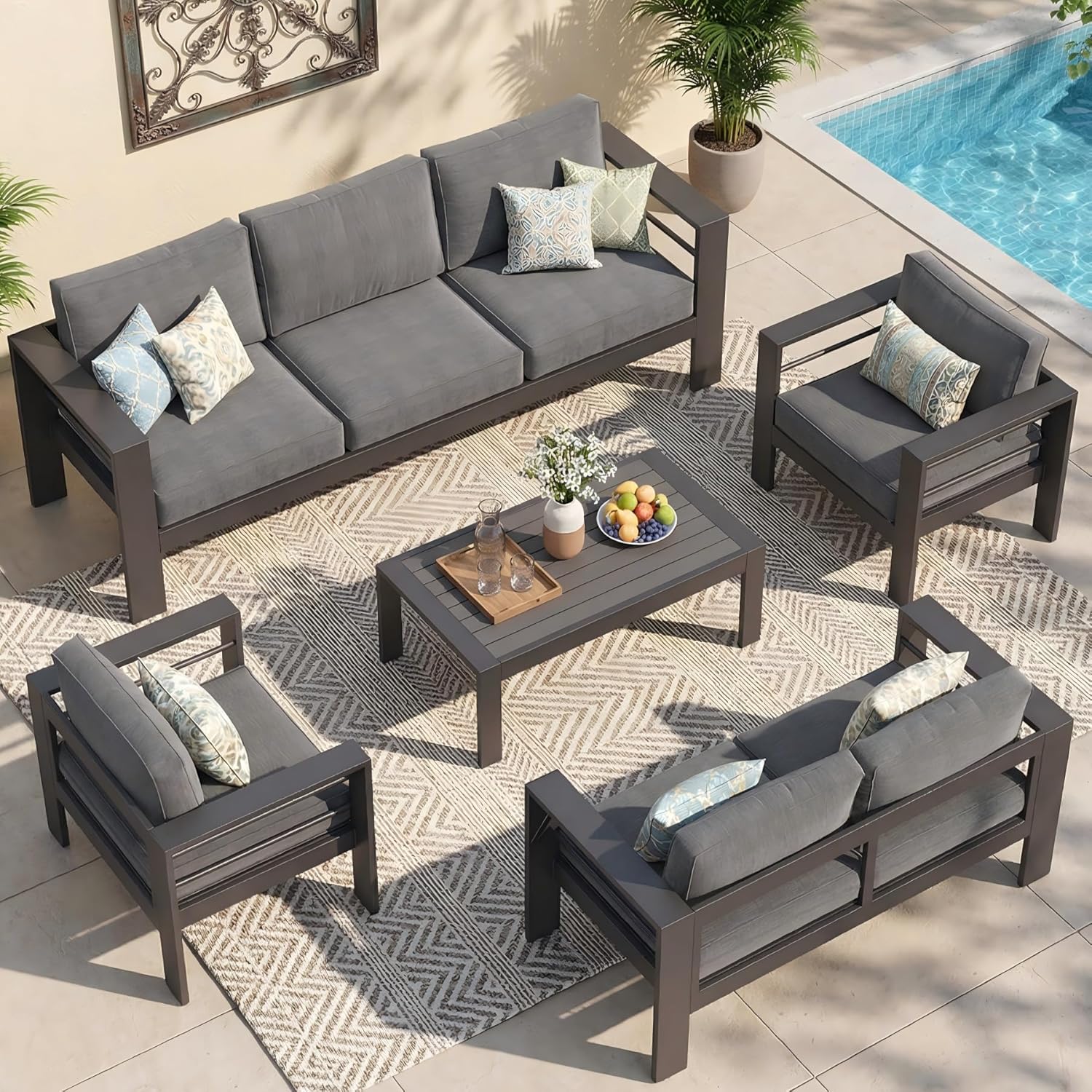 Aluminum Outdoor Patio Furniture Set, Oversized Patio Conversation Sets with Deep Seating and Wide Armrest, Outdoor Sectional Metal Sofa with 5 Inch Cushion and Coffee Table, Dark Grey