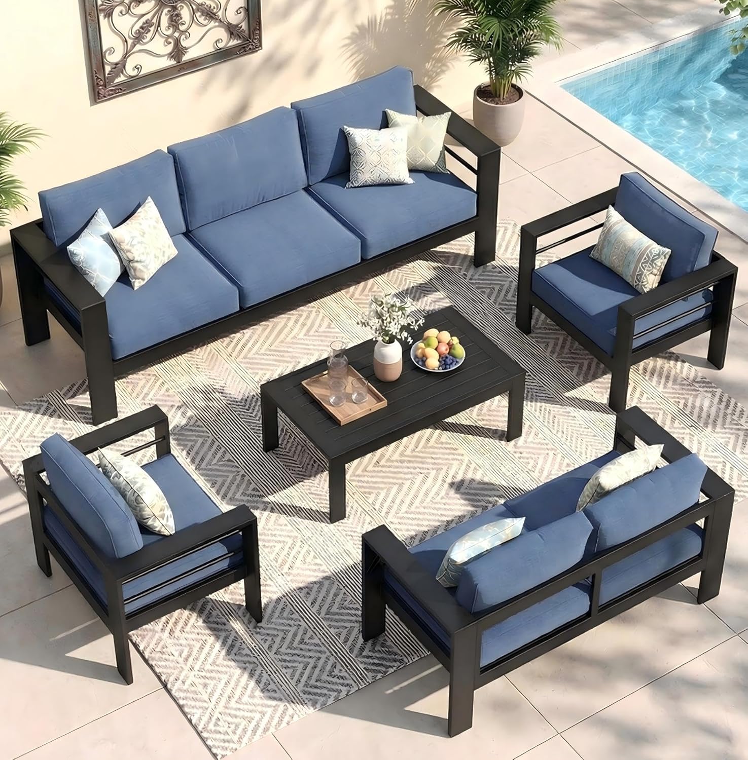 Aluminum Outdoor Patio Furniture Set, Oversized Patio Conversation Sets with Deep Seating and Wide Armrest, Outdoor Sectional Metal Sofa with 5 Inch Cushion and Coffee Table, Dark Grey