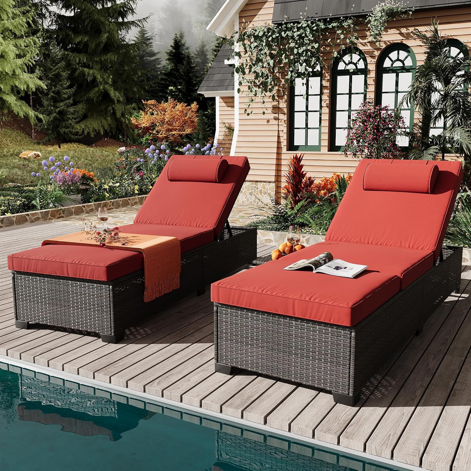 2-Piece Outdoor PE Wicker Chaise Lounge Chairs, Adjustable Reclining Patio Rattan Loungers with Cushions, Foldable Side Table & Head Pillow, All-Weather Pool Lounge Set for Garden, Deck, or Beach