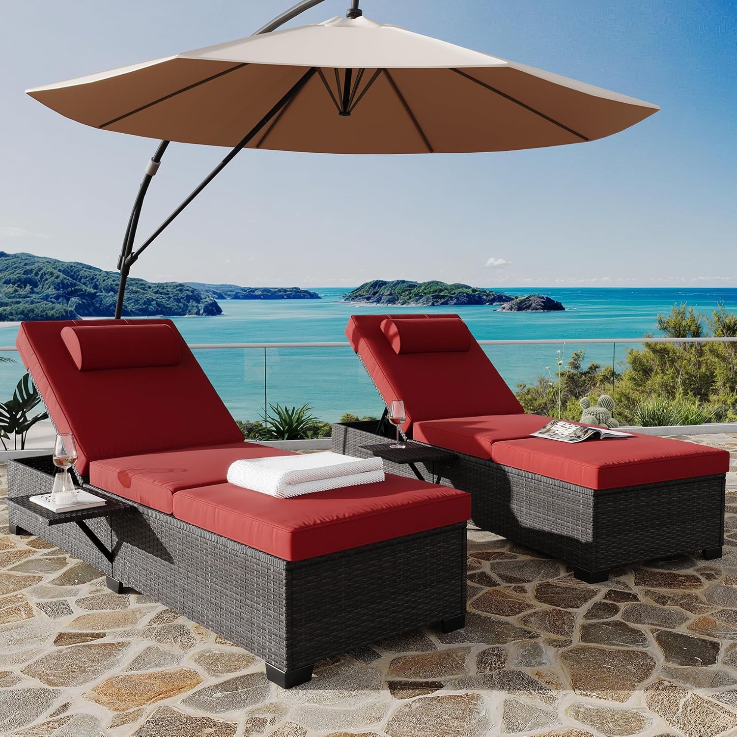 2-Piece Outdoor PE Wicker Chaise Lounge Chairs, Adjustable Reclining Patio Rattan Loungers with Cushions, Foldable Side Table & Head Pillow, All-Weather Pool Lounge Set for Garden, Deck, or Beach