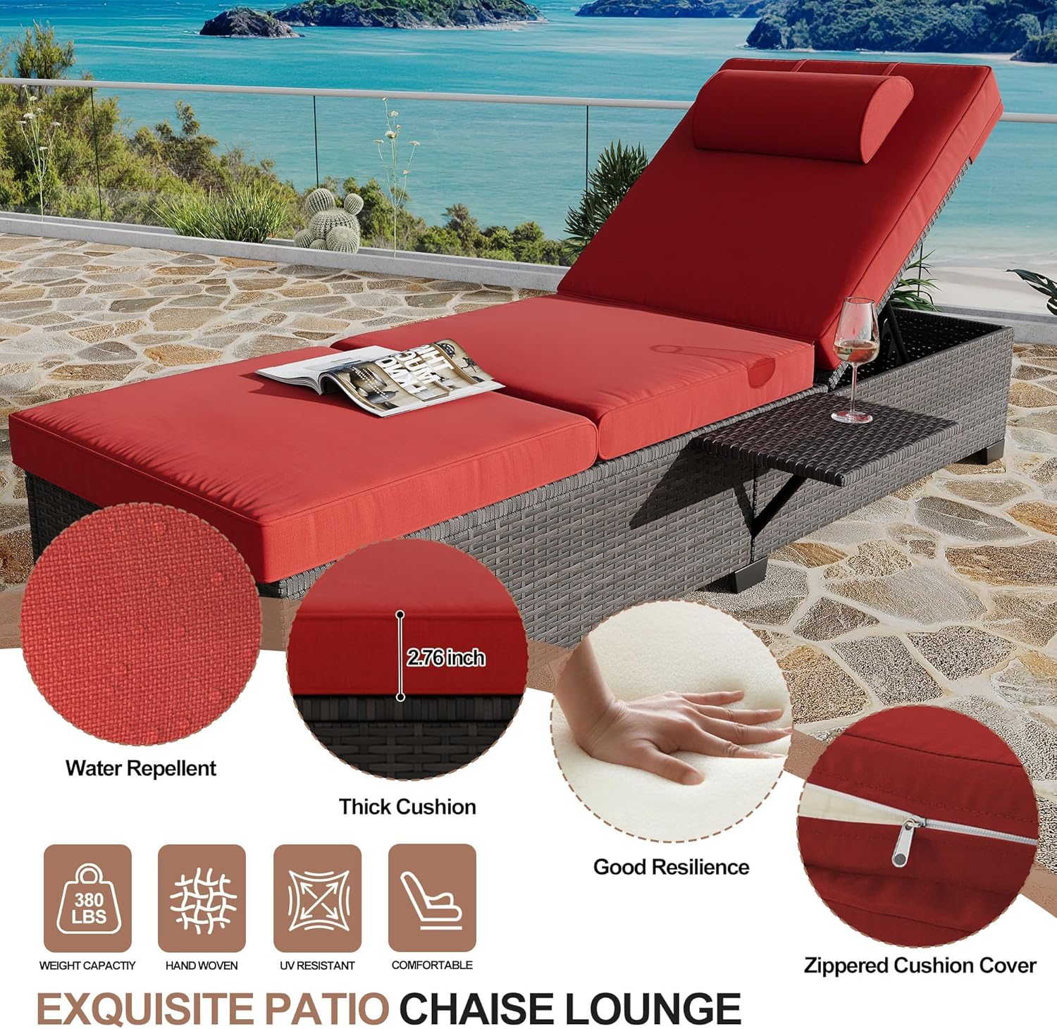 2-Piece Outdoor PE Wicker Chaise Lounge Chairs, Adjustable Reclining Patio Rattan Loungers with Cushions, Foldable Side Table & Head Pillow, All-Weather Pool Lounge Set for Garden, Deck, or Beach
