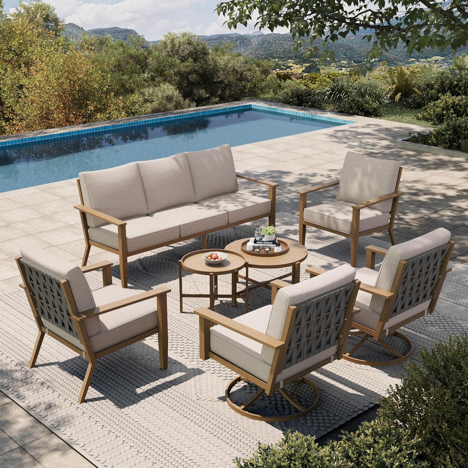 HOUSE Patio Furniture Set 7-Piece, Metal Outdoor Conversation Set with Wood Grain Finish, 2 x Leg Chair, 2 x Swivel Chair, 1 x 3-Seat Sofa, 2 x Multi-Functional Coffee Table Garden Deck Lawn