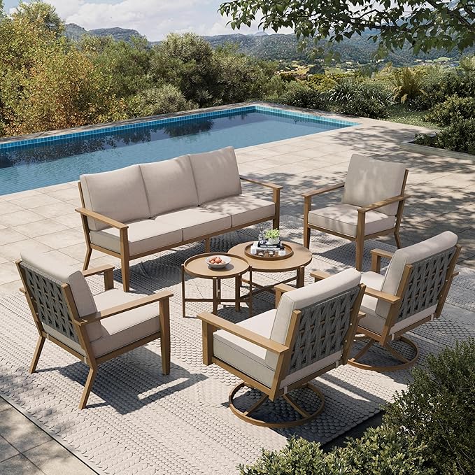 HOUSE Patio Furniture Set 7-Piece, Metal Outdoor Conversation Set with Wood Grain Finish, 2 x Leg Chair, 2 x Swivel Chair, 1 x 3-Seat Sofa, 2 x Multi-Functional Coffee Table Garden Deck Lawn