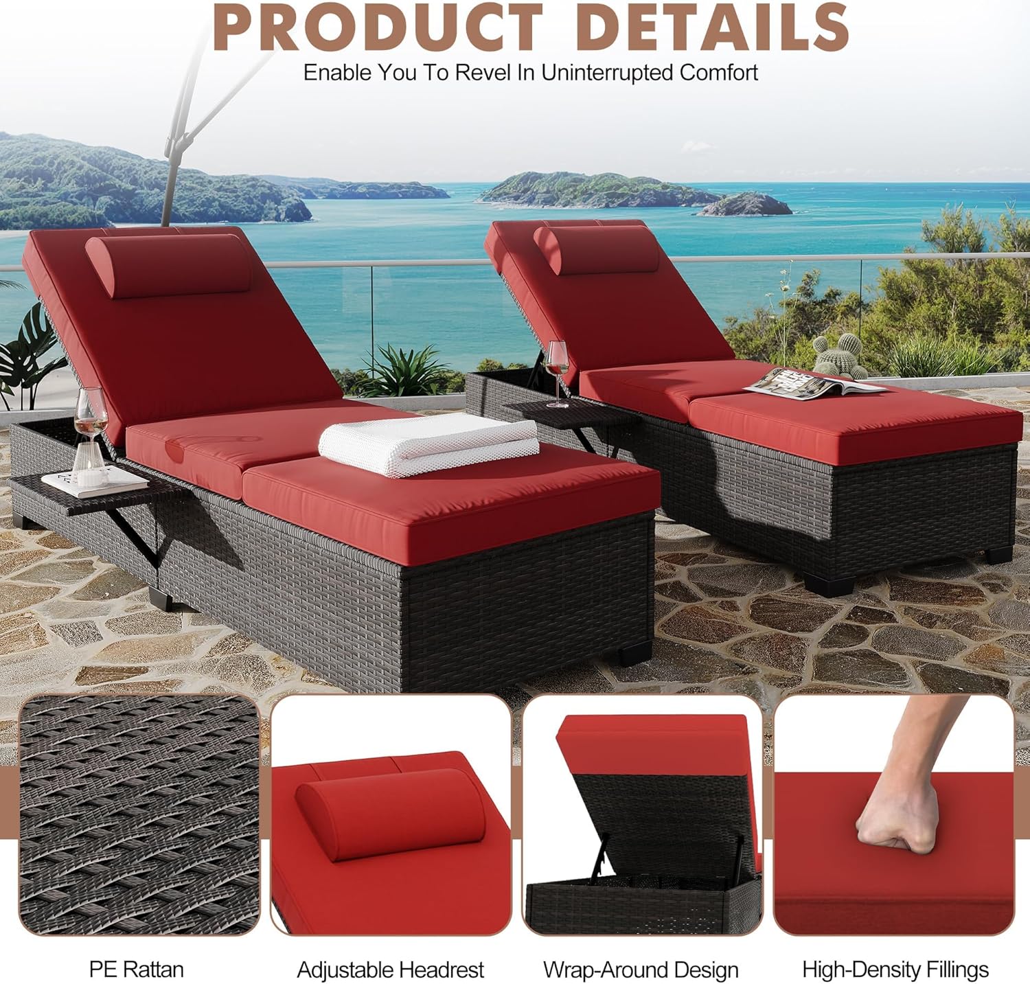 2-Piece Outdoor PE Wicker Chaise Lounge Chairs, Adjustable Reclining Patio Rattan Loungers with Cushions, Foldable Side Table & Head Pillow, All-Weather Pool Lounge Set for Garden, Deck, or Beach