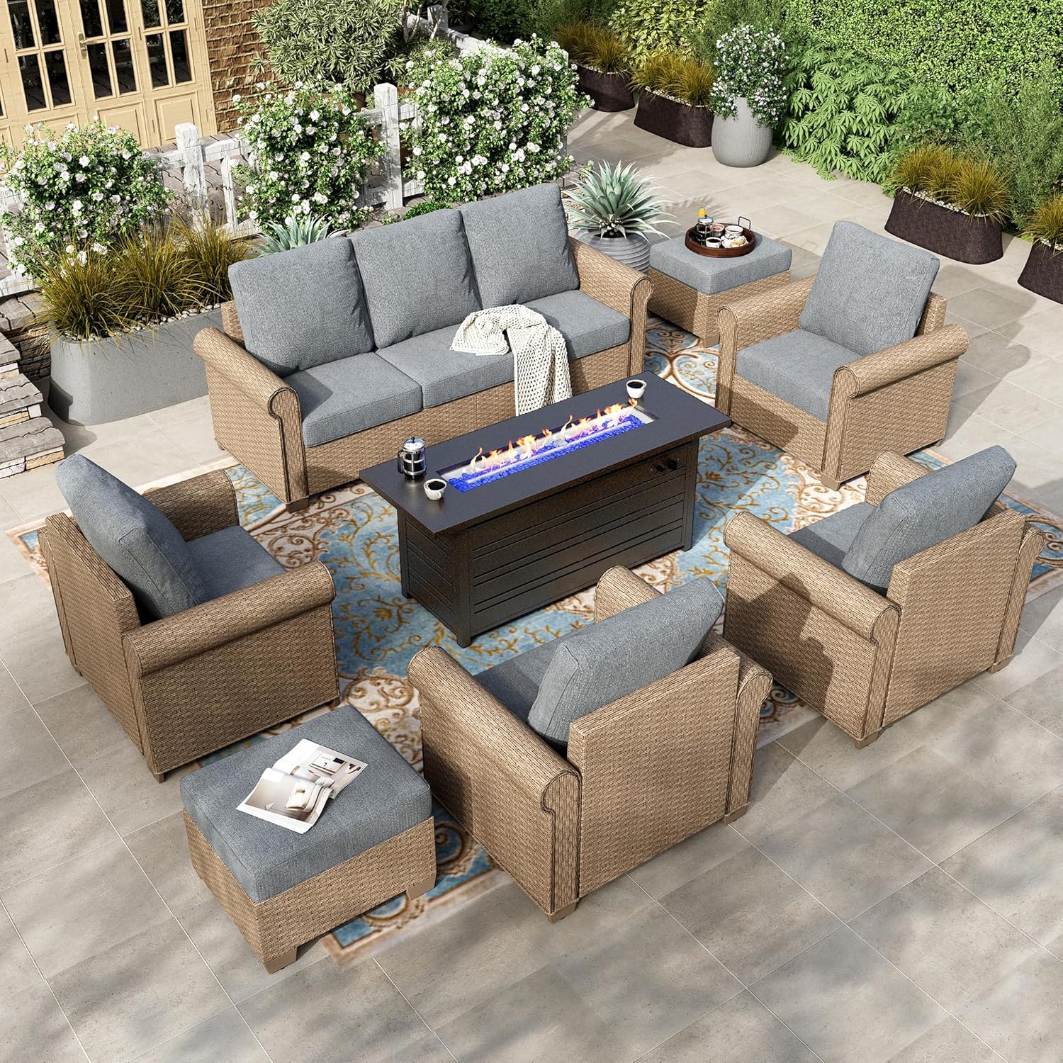 HOUSE 6-Piece Patio Furniture Set, All Weather 7 Seats Outdoor Wicker Sofa with Ottomans, Rattan Patio Conversation Set with 5.5" Thick Cushions and 44" Coffee Table, Grey
