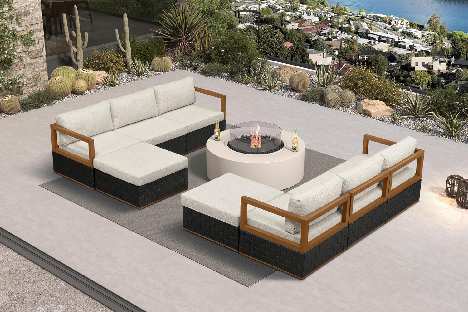 Patio Outdoor Furniture Set 4 Pieces, Premium Leather Outdoor Couch Sectional Sofa, L-Shaped Patio Conversation Sets with Olefin Cushions, Patio Couch for Porch, Balcony, Garden, Black