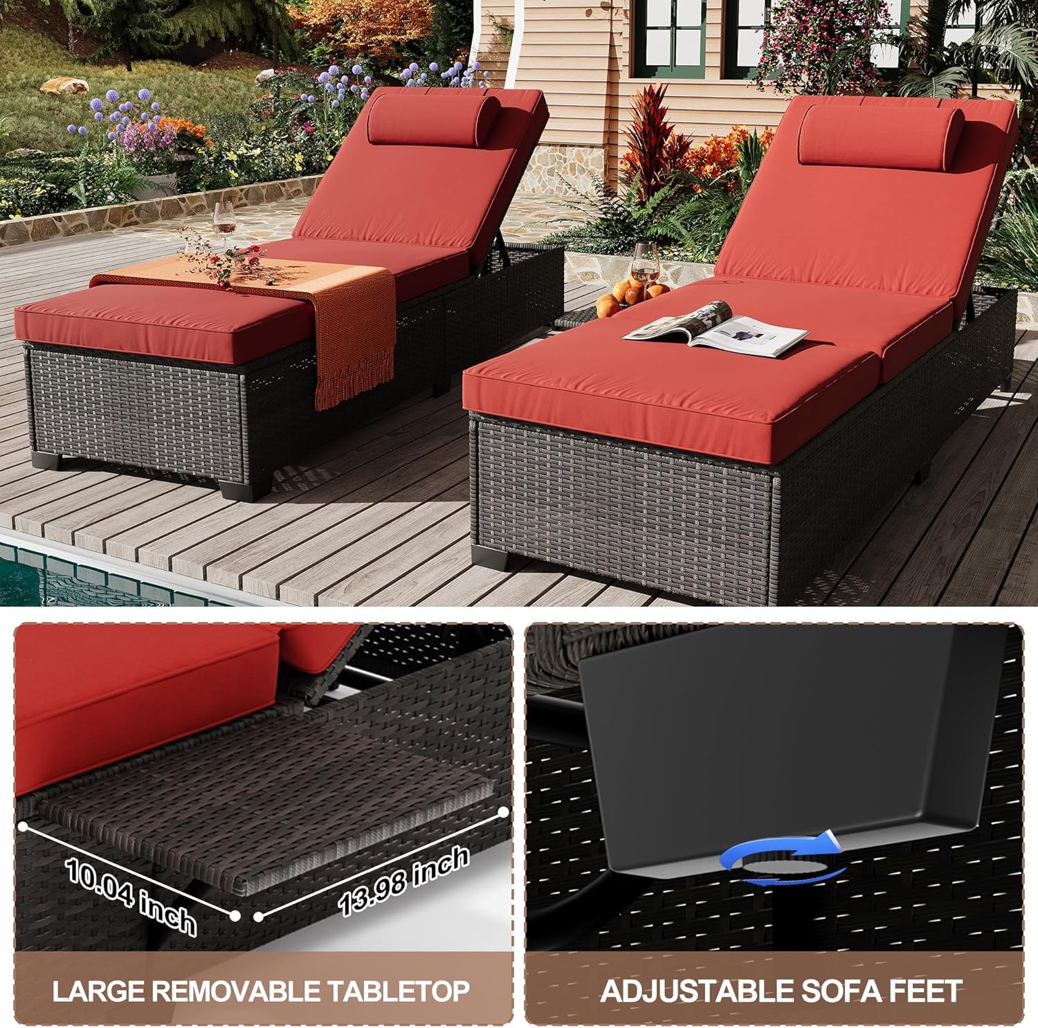 2-Piece Outdoor PE Wicker Chaise Lounge Chairs, Adjustable Reclining Patio Rattan Loungers with Cushions, Foldable Side Table & Head Pillow, All-Weather Pool Lounge Set for Garden, Deck, or Beach