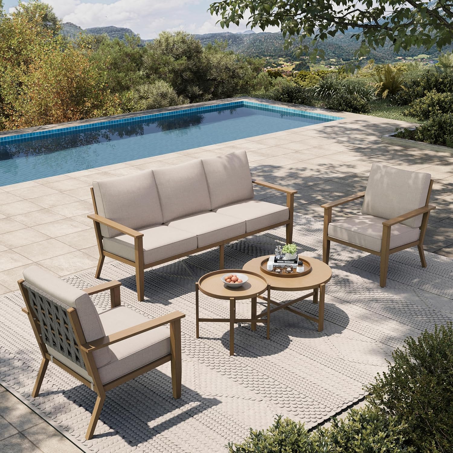 HOUSE Patio Furniture Set 7-Piece, Metal Outdoor Conversation Set with Wood Grain Finish, 2 x Leg Chair, 2 x Swivel Chair, 1 x 3-Seat Sofa, 2 x Multi-Functional Coffee Table Garden Deck Lawn