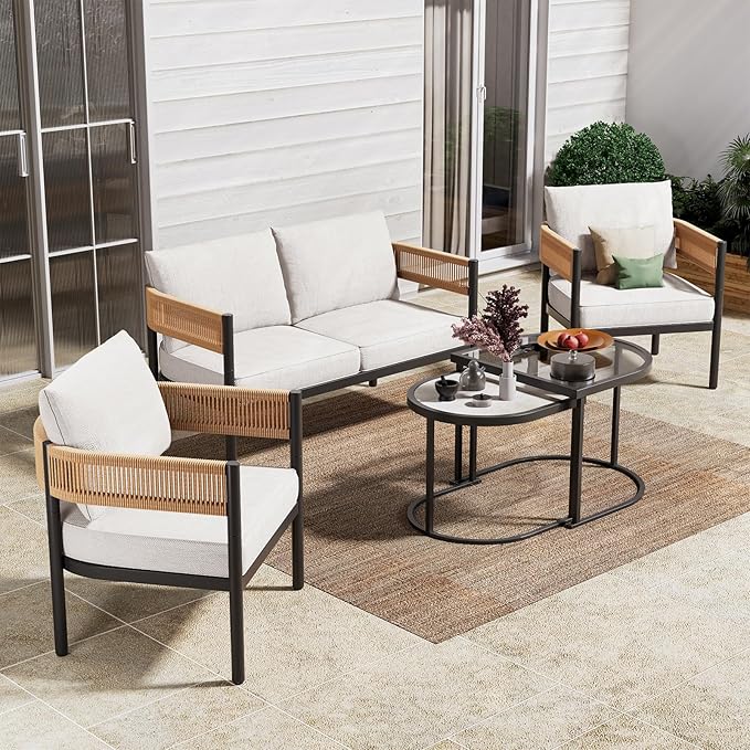 5-Piece Outdoor Furniture Set with Thick Cushions and Coffee Table, Wicker Sofa Conversation Set for Backyard, Natural