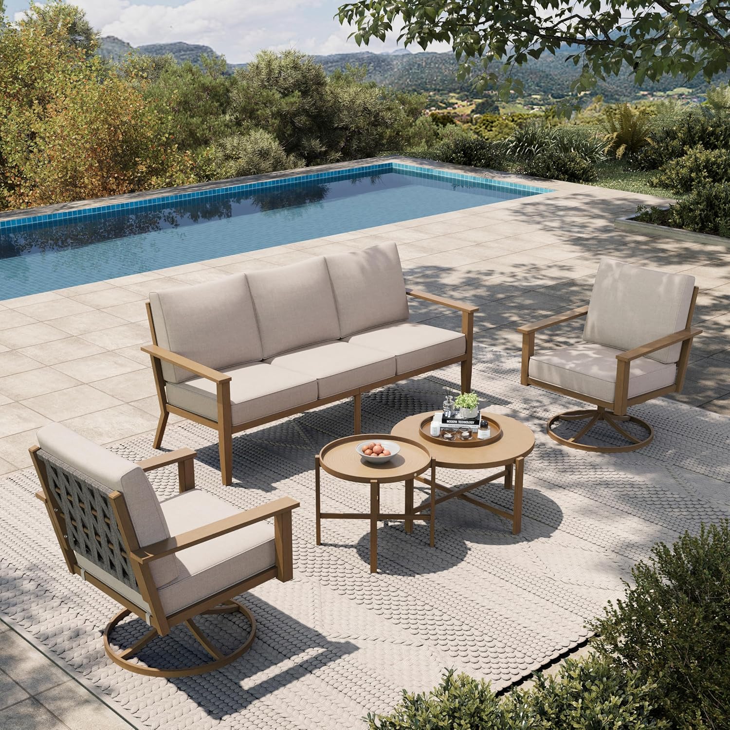 HOUSE Patio Furniture Set 7-Piece, Metal Outdoor Conversation Set with Wood Grain Finish, 2 x Leg Chair, 2 x Swivel Chair, 1 x 3-Seat Sofa, 2 x Multi-Functional Coffee Table Garden Deck Lawn