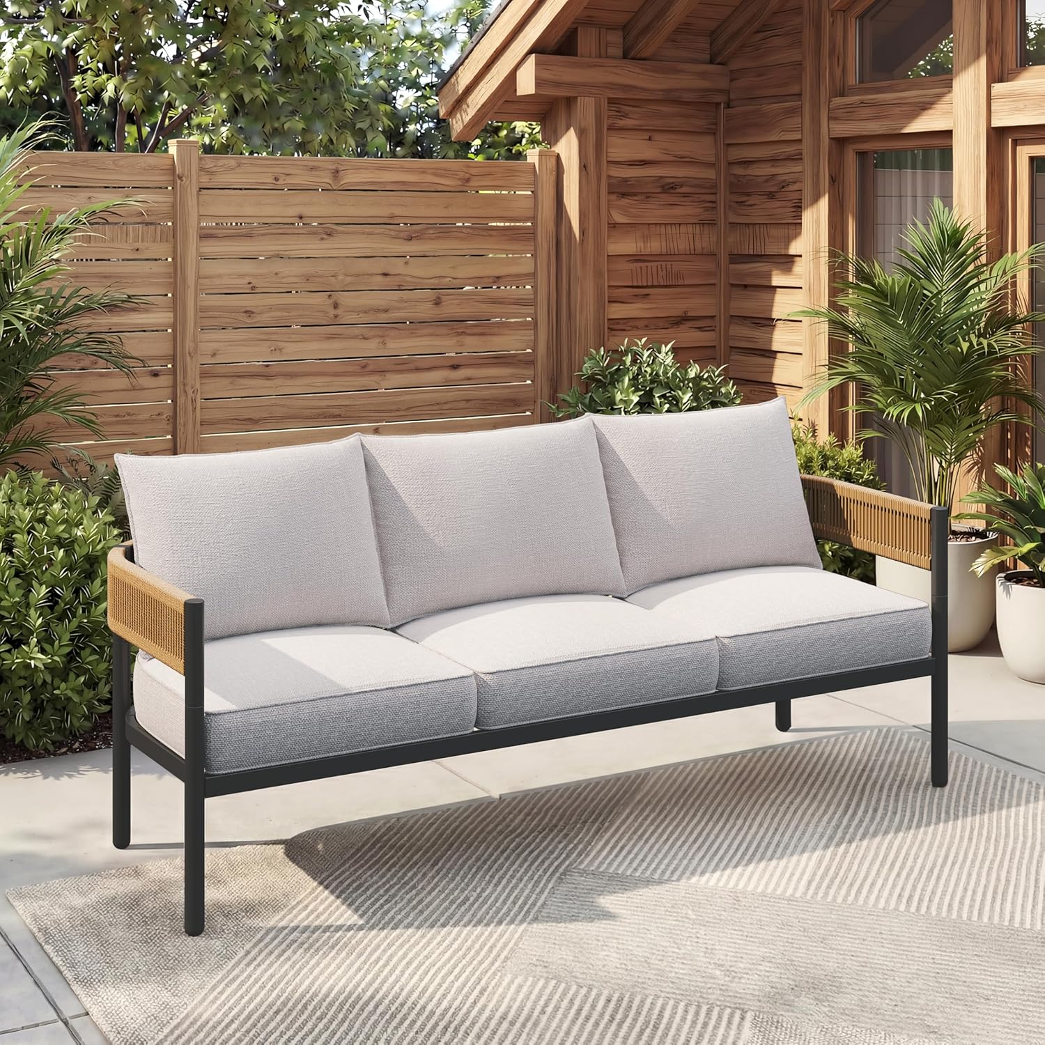 5-Piece Outdoor Furniture Set with Thick Cushions and Coffee Table, Wicker Sofa Conversation Set for Backyard, Natural