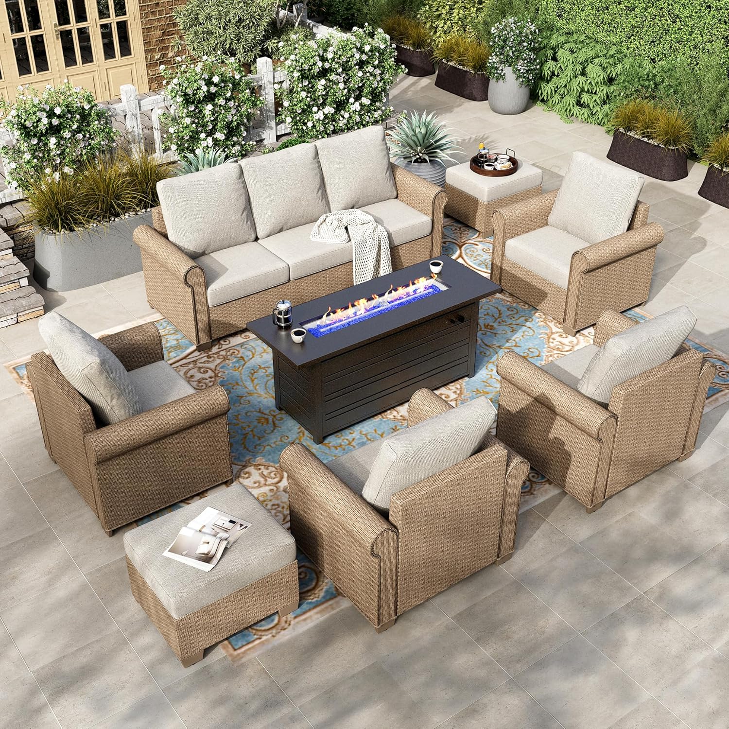HOUSE 6-Piece Patio Furniture Set, All Weather 7 Seats Outdoor Wicker Sofa with Ottomans, Rattan Patio Conversation Set with 5.5" Thick Cushions and 44" Coffee Table, Grey